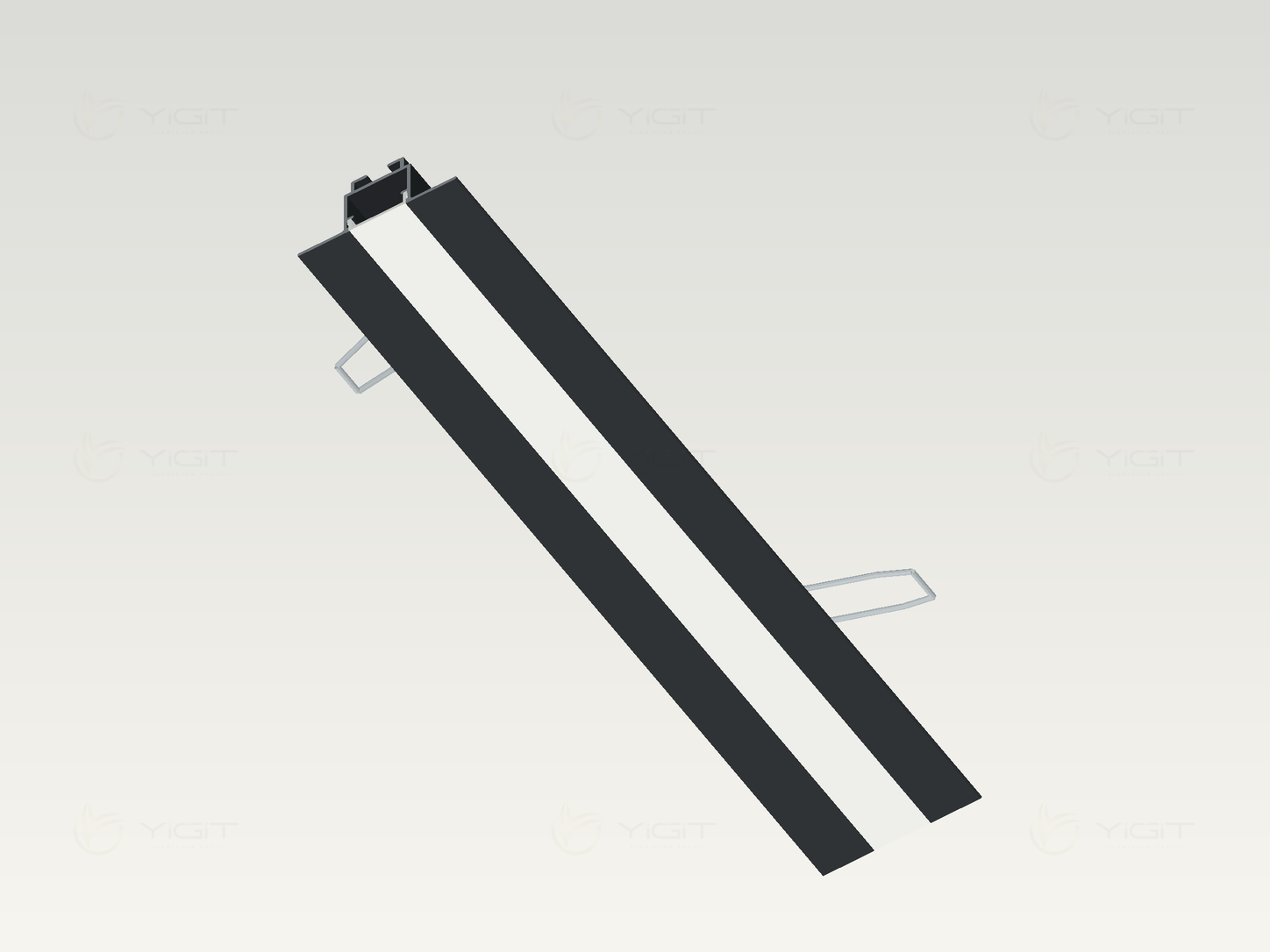 Difüzör kapağı takılmış Yaylı Slim profil; beyaz ışık yüzeyi ve siyah yan kanatlar.