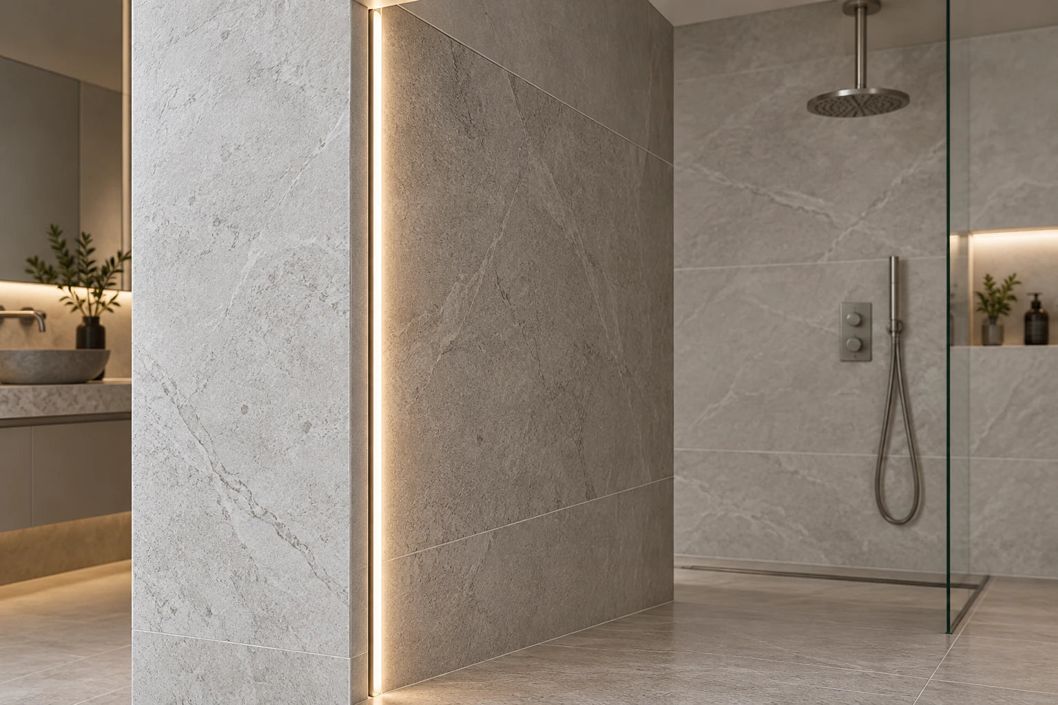 Y7055 · Duş bölmesi kenarı · Temsili banyo uygulaması.