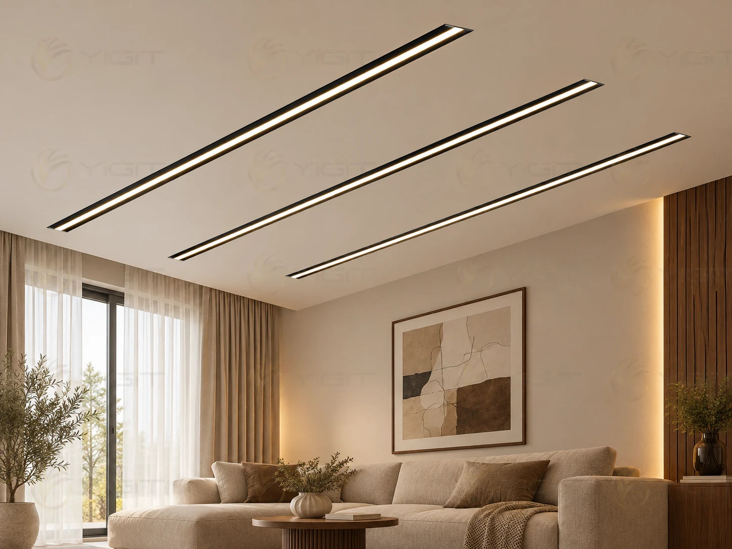 Salon tavanında üç paralel siyah çerçeveli 3,2 cm Slim LED aydınlatma hattı.