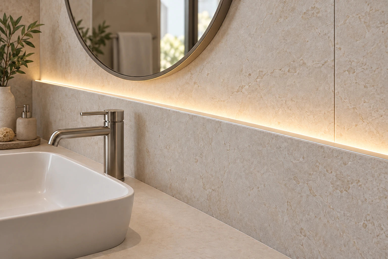 Y7055 · Yatay seramik pano · Temsili banyo uygulaması.