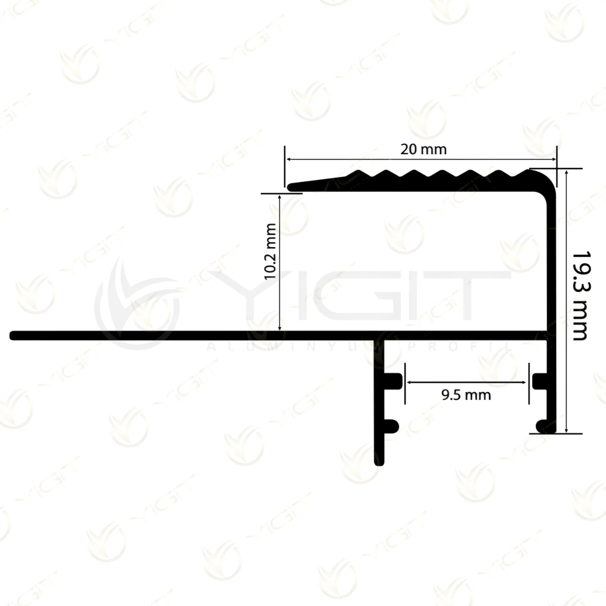 Y6308 · 20 mm üst kenar, 10,2 mm kaplama açıklığı, 19,3 mm ön yükseklik ve 9,5 mm kanal açıklığı gösteren özgün çizim.
