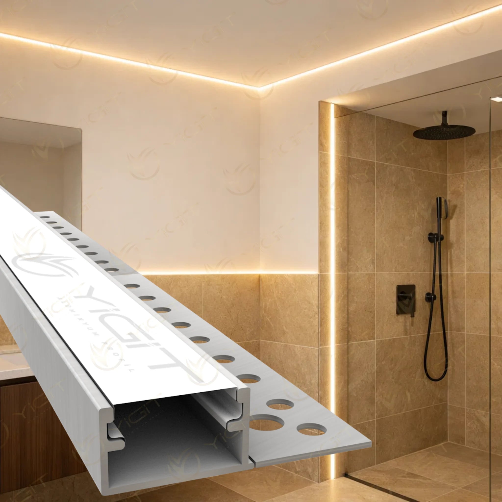 Tek Kanatlı Ters Trimless ürün görseli ve banyo uygulaması.