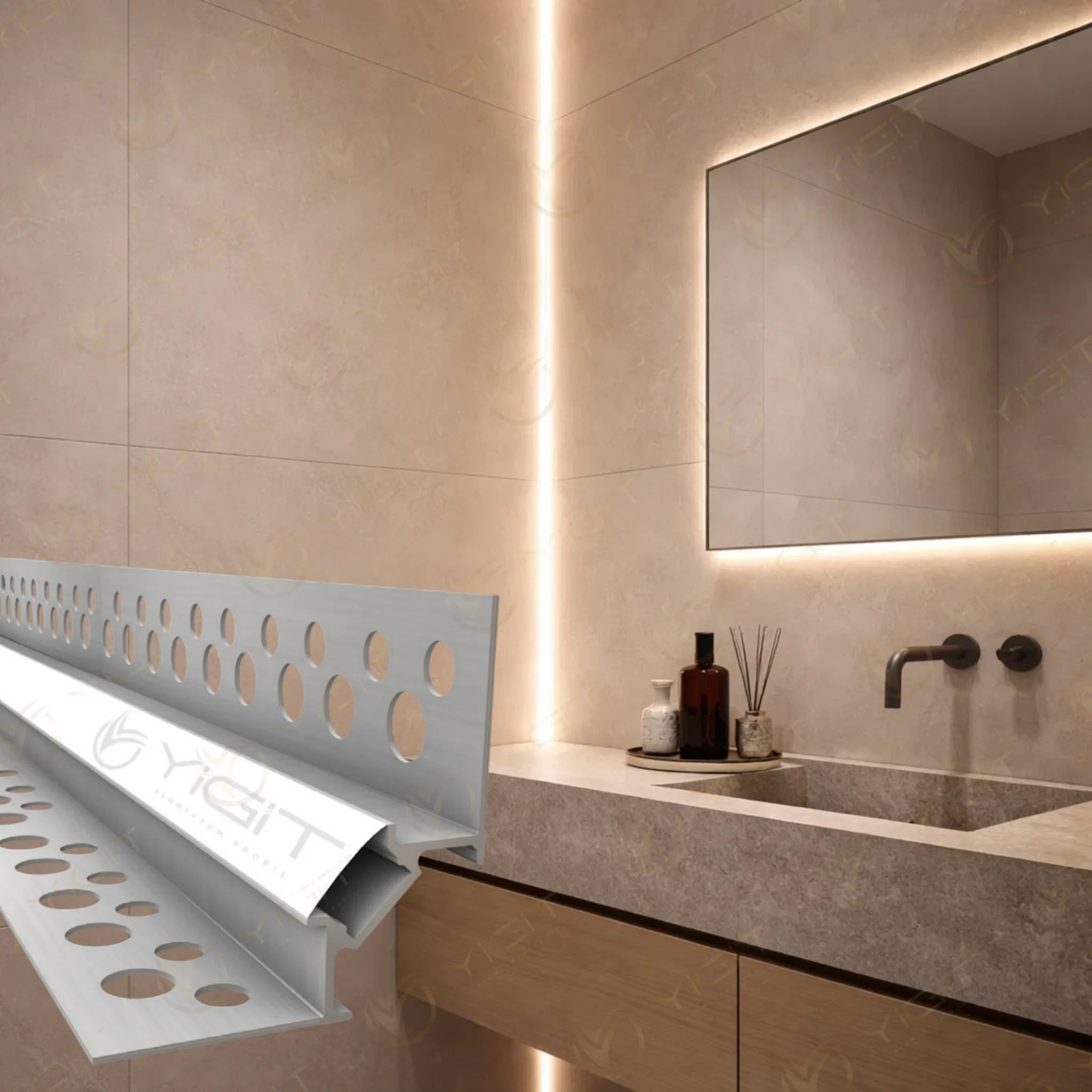 Fayans İç Köşe LED profilinin özgün ürün ve banyo uygulama görseli.