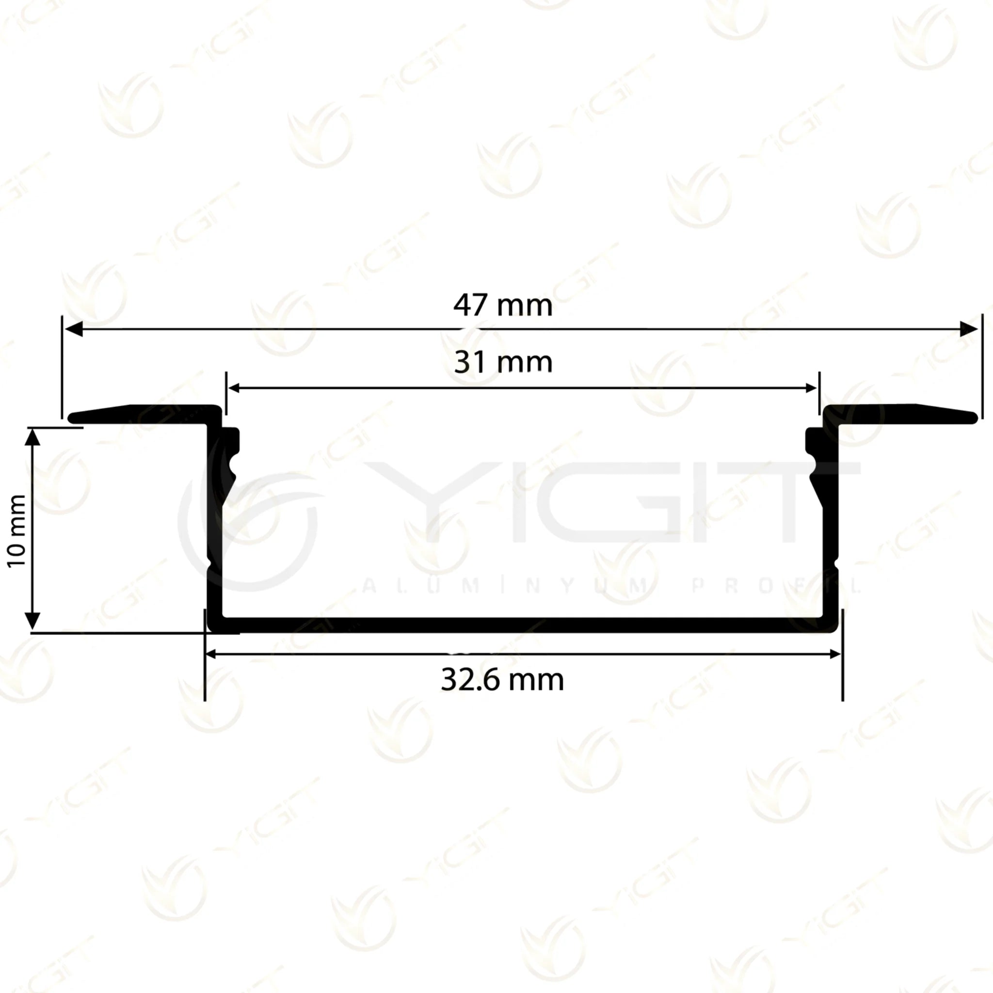 Özgün ölçülü kesit · 47 mm toplam, 32,6 mm gövde, 31 mm açıklık ve 10 mm gövde yüksekliği referansı.