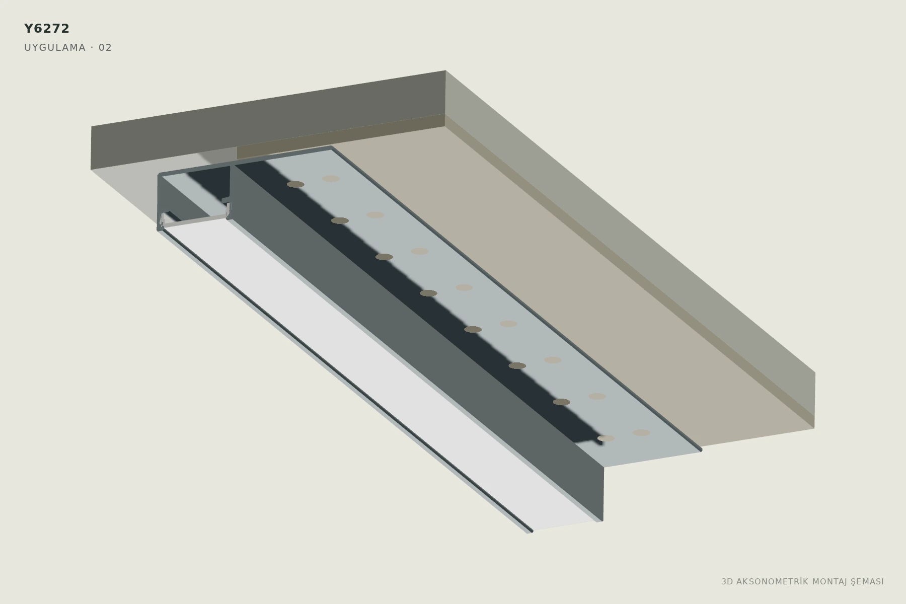 Y6272 Tek Kanatlı Ters Trimless LED Profili — 3D aksonometrik montaj şeması. 02: Profili kaplama öncesi yerleştirin.