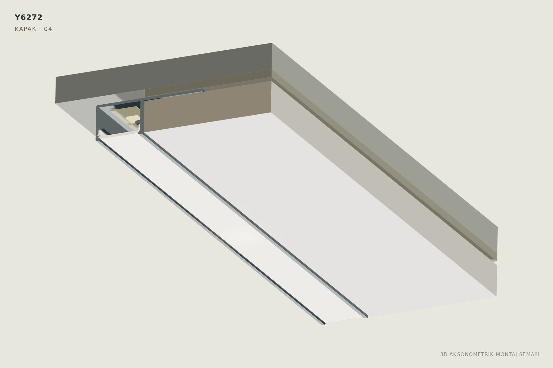 Y6272 Tek Kanatlı Ters Trimless LED Profili — 3D aksonometrik kapak montajı şeması. 04: Işık testini tamamlayın.