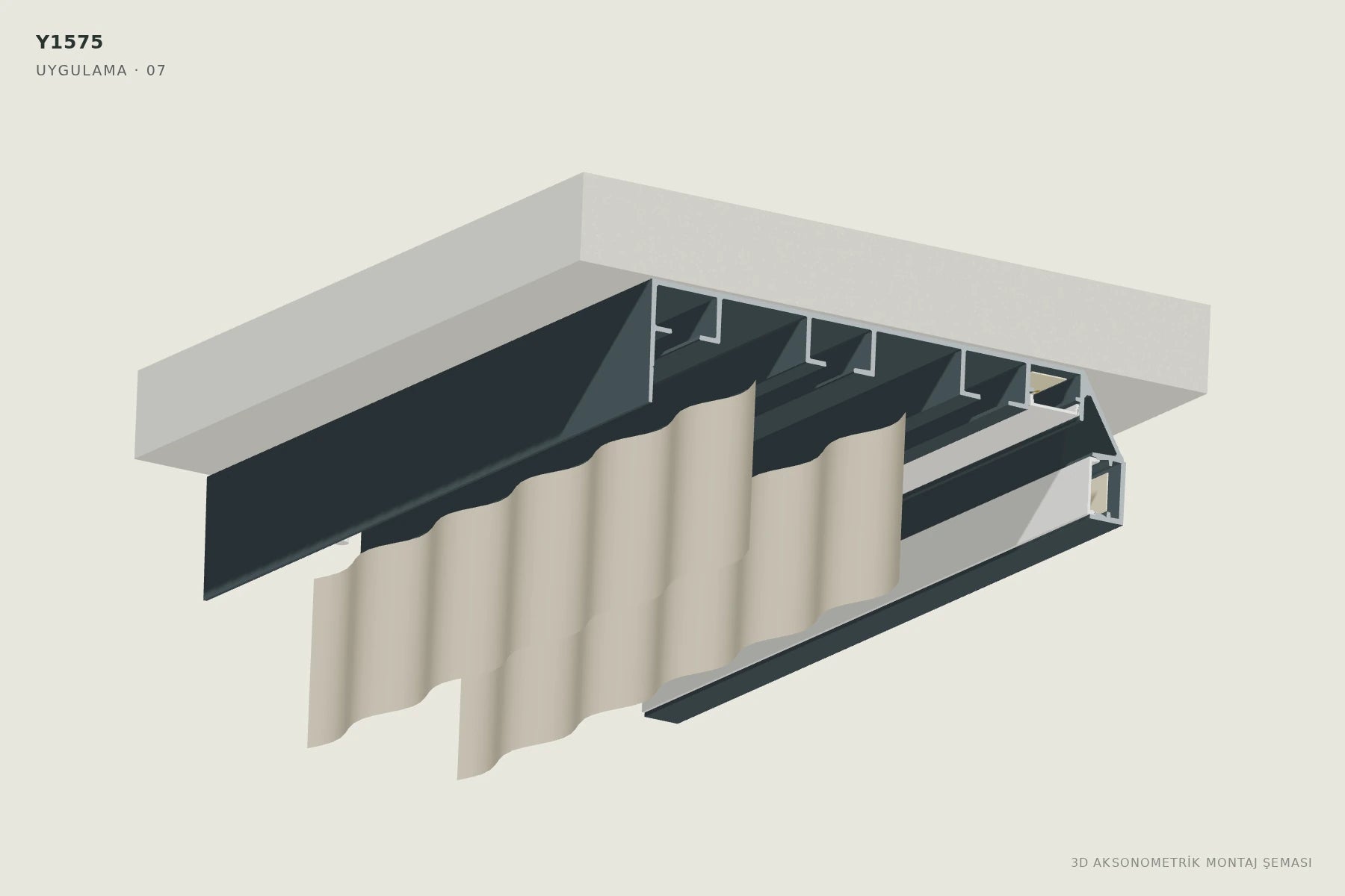 Y1575 LED'li Korniş Perdelik Profili — 3D aksonometrik montaj şeması. 07: Perdeleri taşıyıcılara takın.