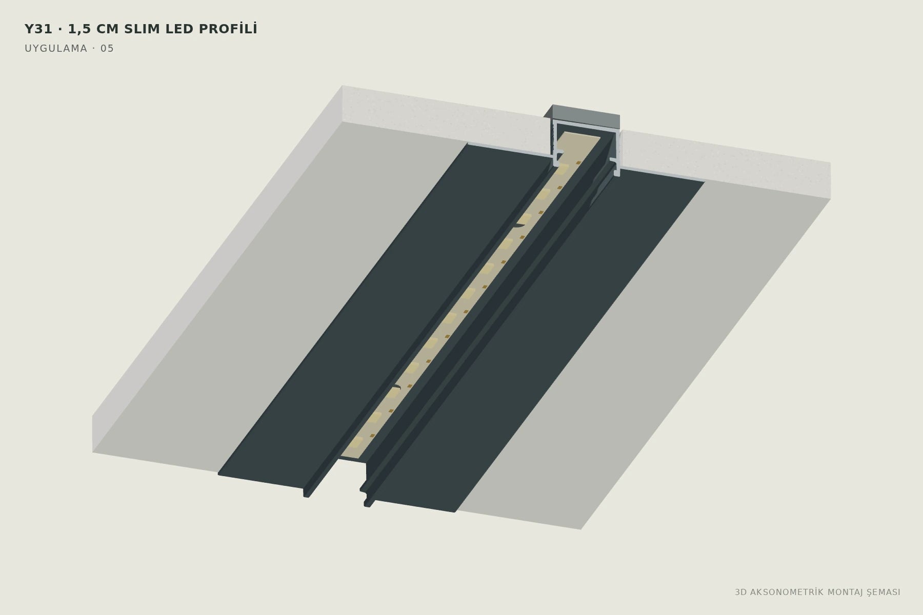 Y31 · 1,5 cm Slim LED Profili — 3D aksonometrik montaj şeması. 05: Y31 kanalına LED’i yerleştirin.