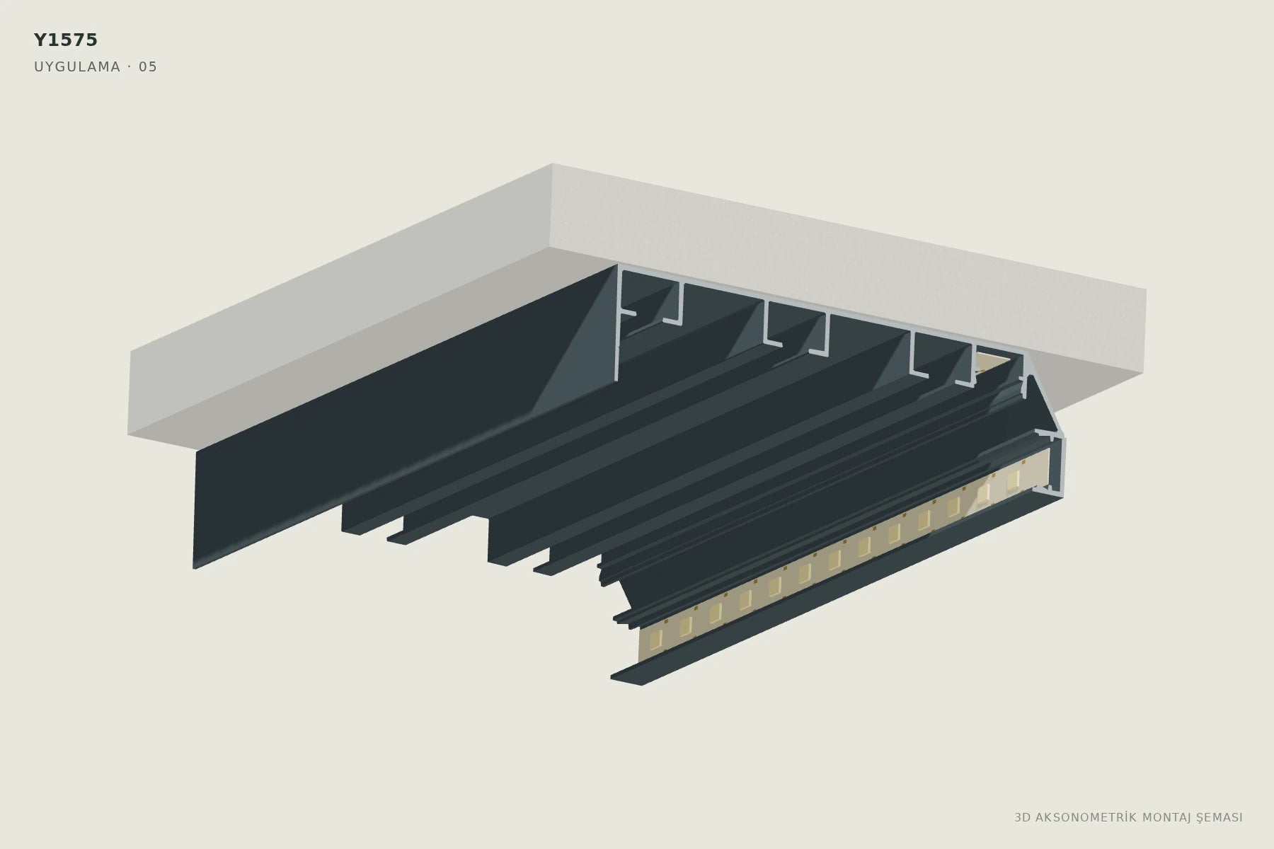 Y1575 LED'li Korniş Perdelik Profili — 3D aksonometrik montaj şeması. 05: LED’leri iki kanala yerleştirin.