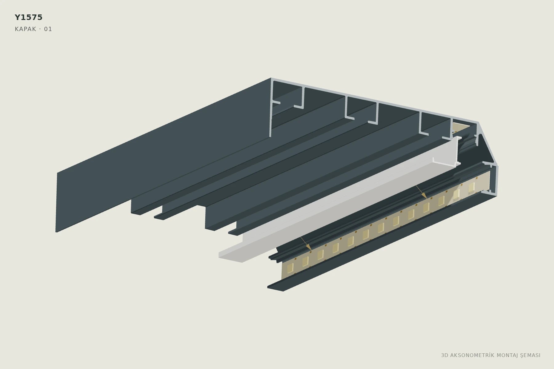 Y1575 LED'li Korniş Perdelik Profili — 3D aksonometrik kapak montajı şeması. 01: İki kapağı kendi kanalıyla hizalayın.