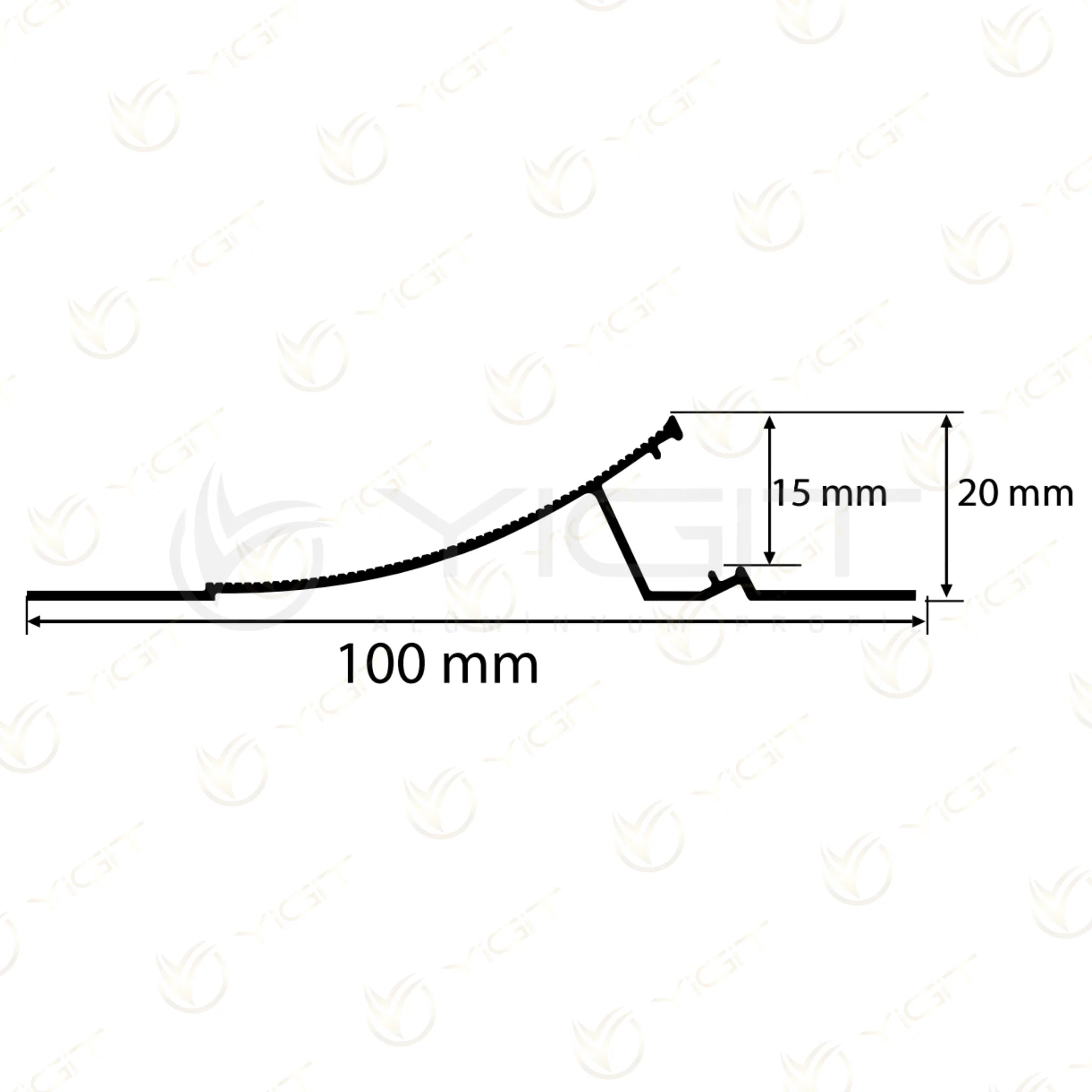Özgün ölçülü kesit · 100 mm toplam genişlik, 20 mm toplam yükseklik ve 15 mm çizim referansı.