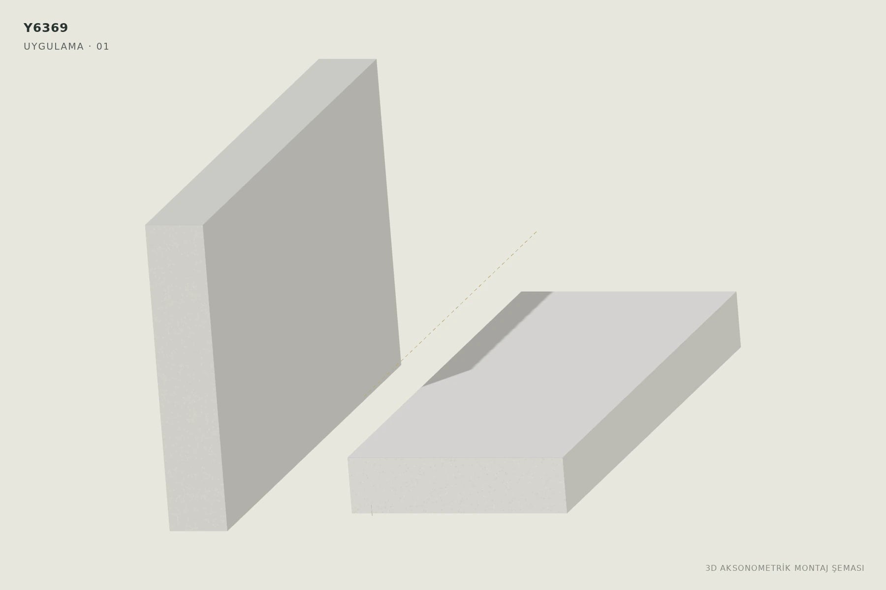 Y6369 Oval Alçıpan Gizli Köşe LED Profili — 3D aksonometrik montaj şeması. 01: Hattı ve yüzey kotunu planlayın.