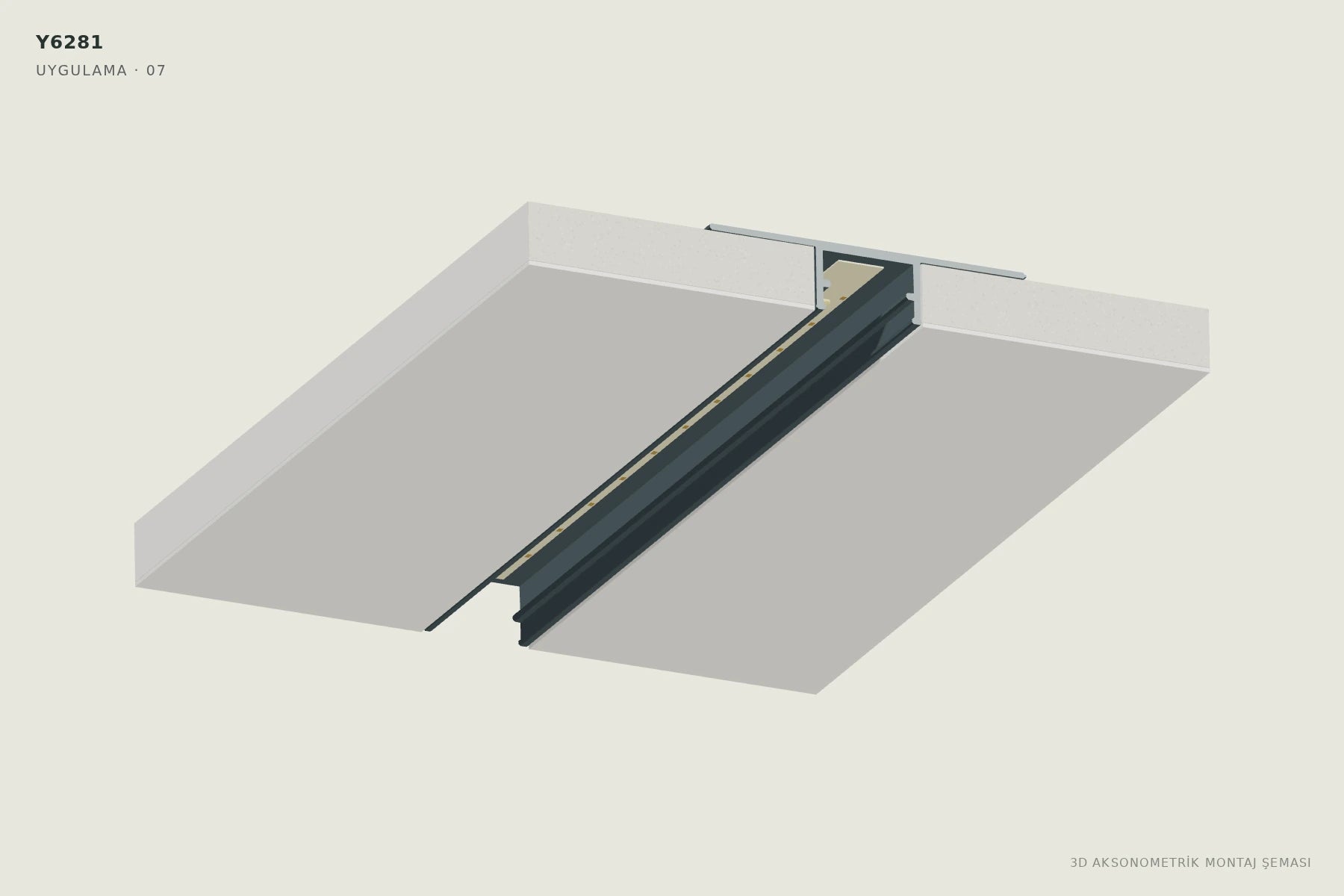 Y6281 1.8 cm Ters Trimless LED Profili — 3D aksonometrik montaj şeması. 07: LED şeridi yerleştirin.