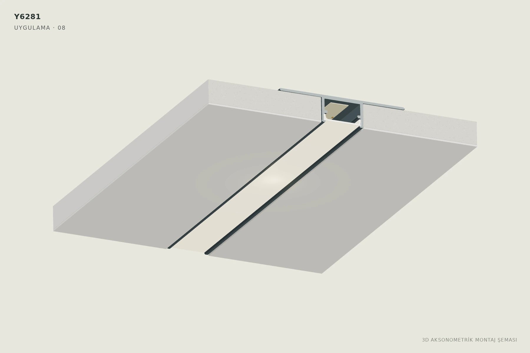 Y6281 1.8 cm Ters Trimless LED Profili — 3D aksonometrik montaj şeması. 08: Kapağı takın, ışığı kontrol edin.