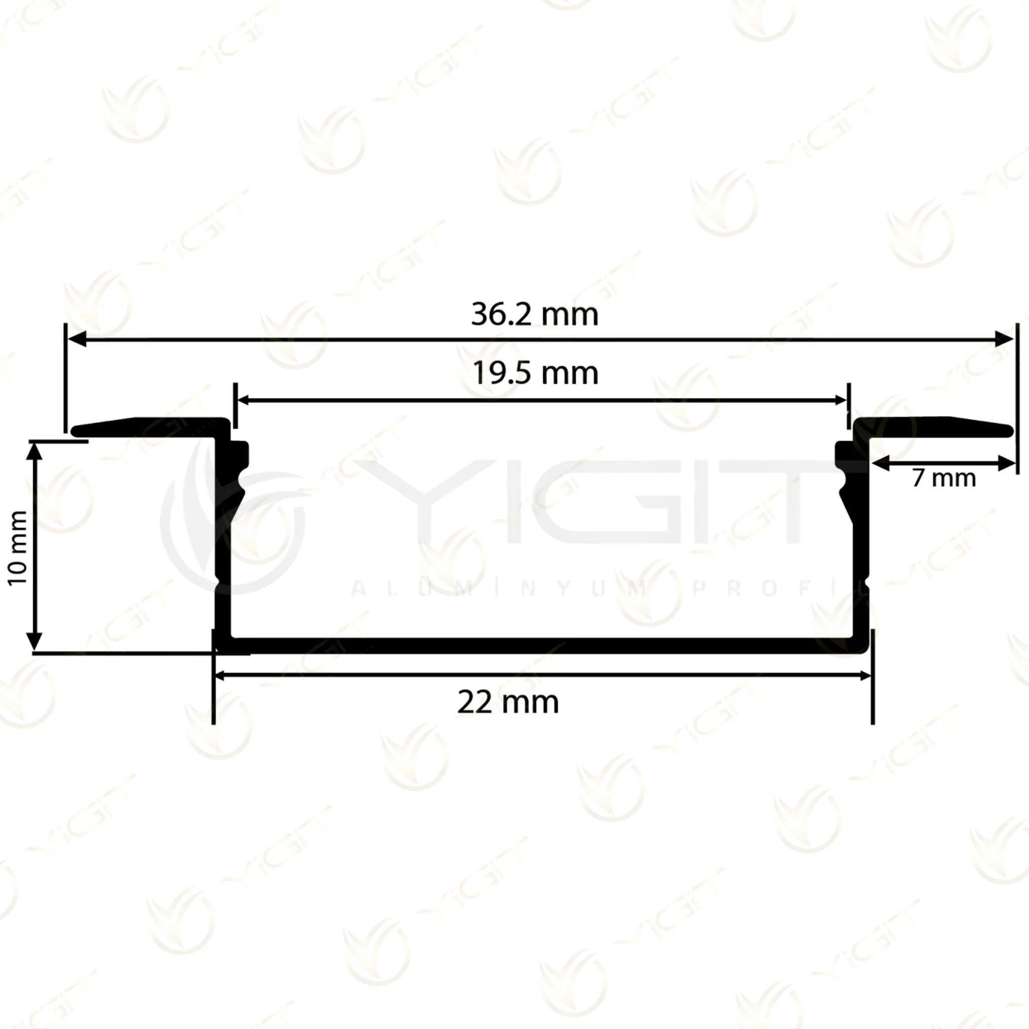 Özgün ölçülü kesit · 36,2 mm toplam, 22 mm gövde, 19,5 mm açıklık ve 10 mm gövde yüksekliği referansı.
