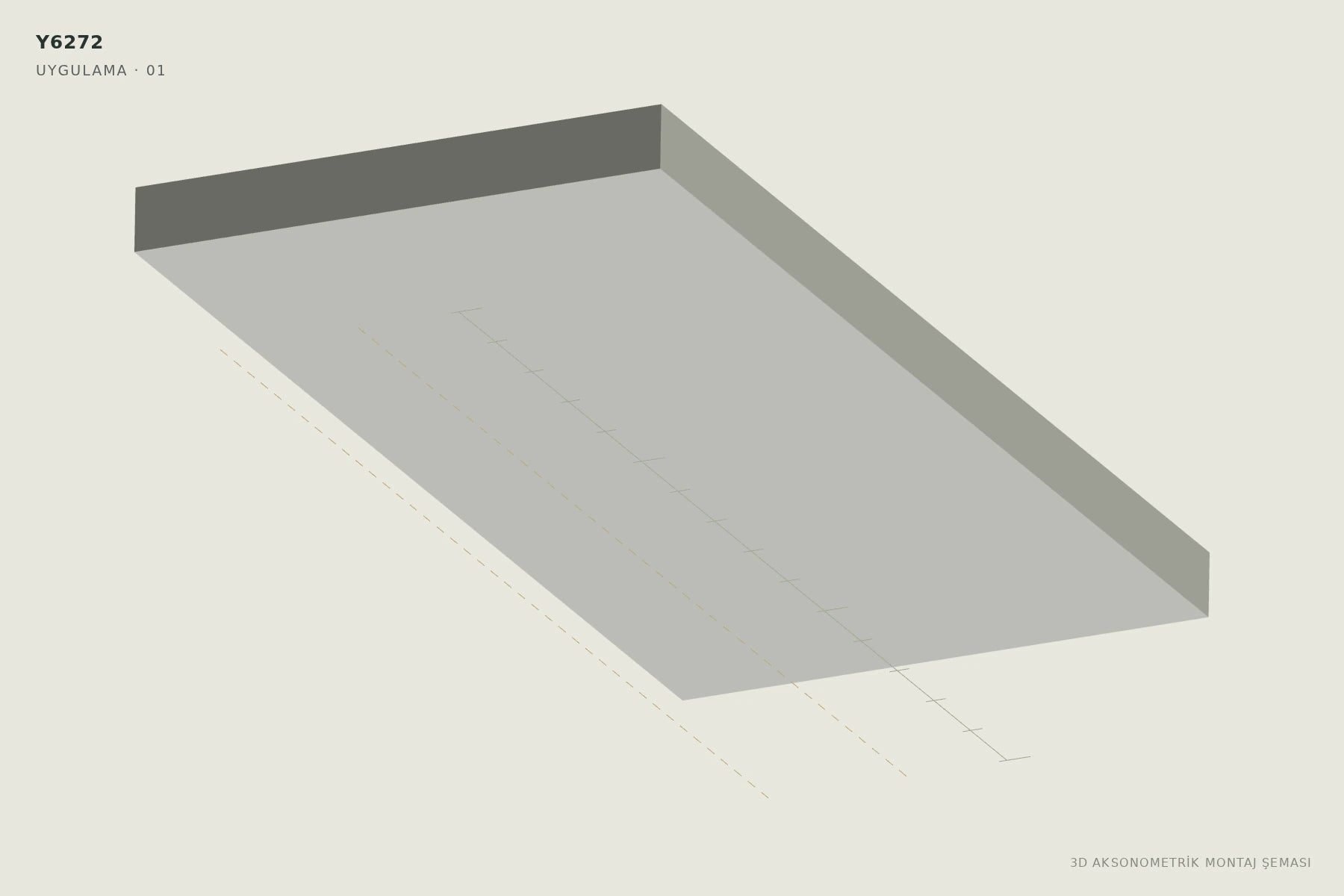 Y6272 Tek Kanatlı Ters Trimless LED Profili — 3D aksonometrik montaj şeması. 01: Hattı ve kanat yönünü planlayın.