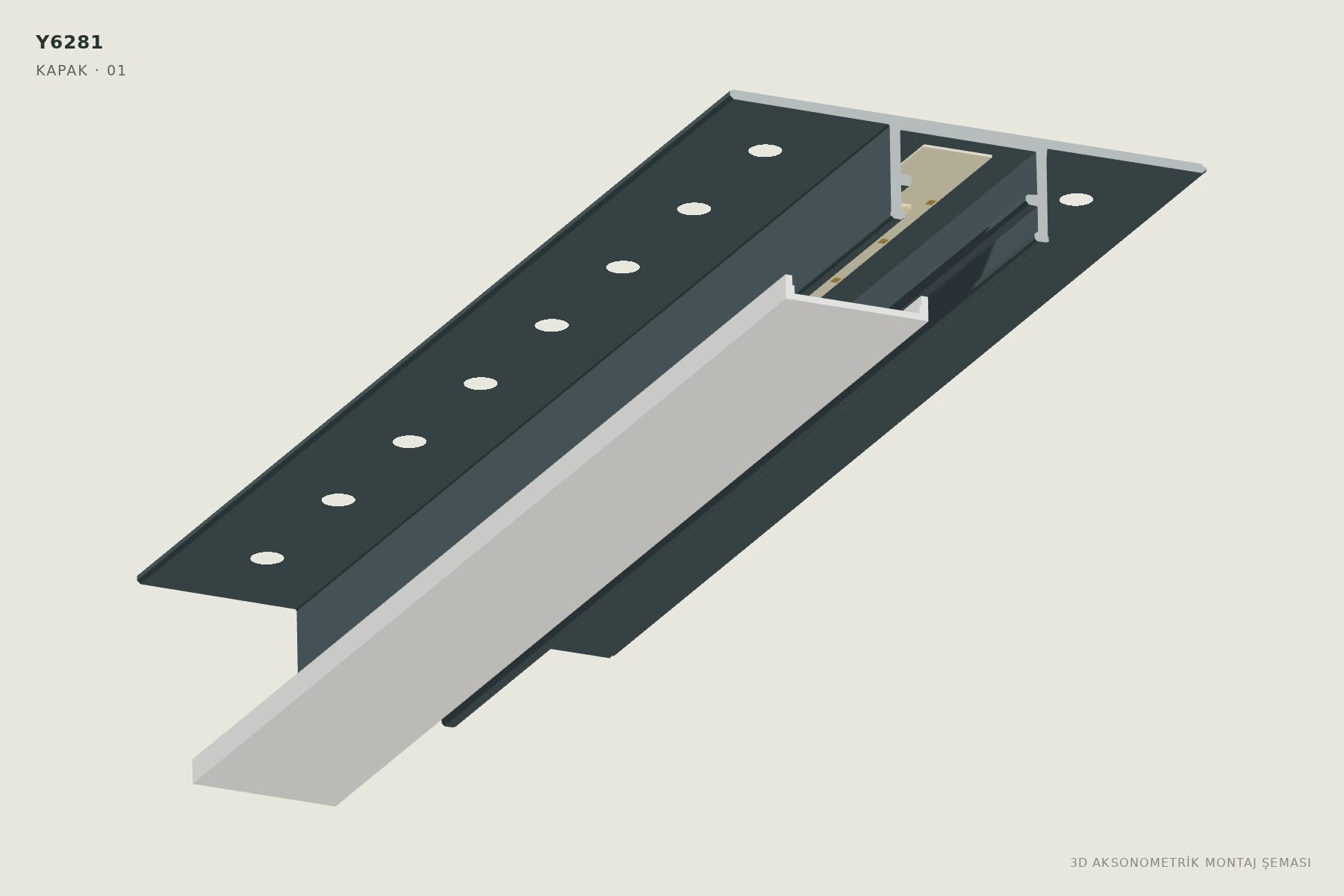 Y6281 1.8 cm Ters Trimless LED Profili — 3D aksonometrik kapak montajı şeması. 01: Kapağı hizalayın.