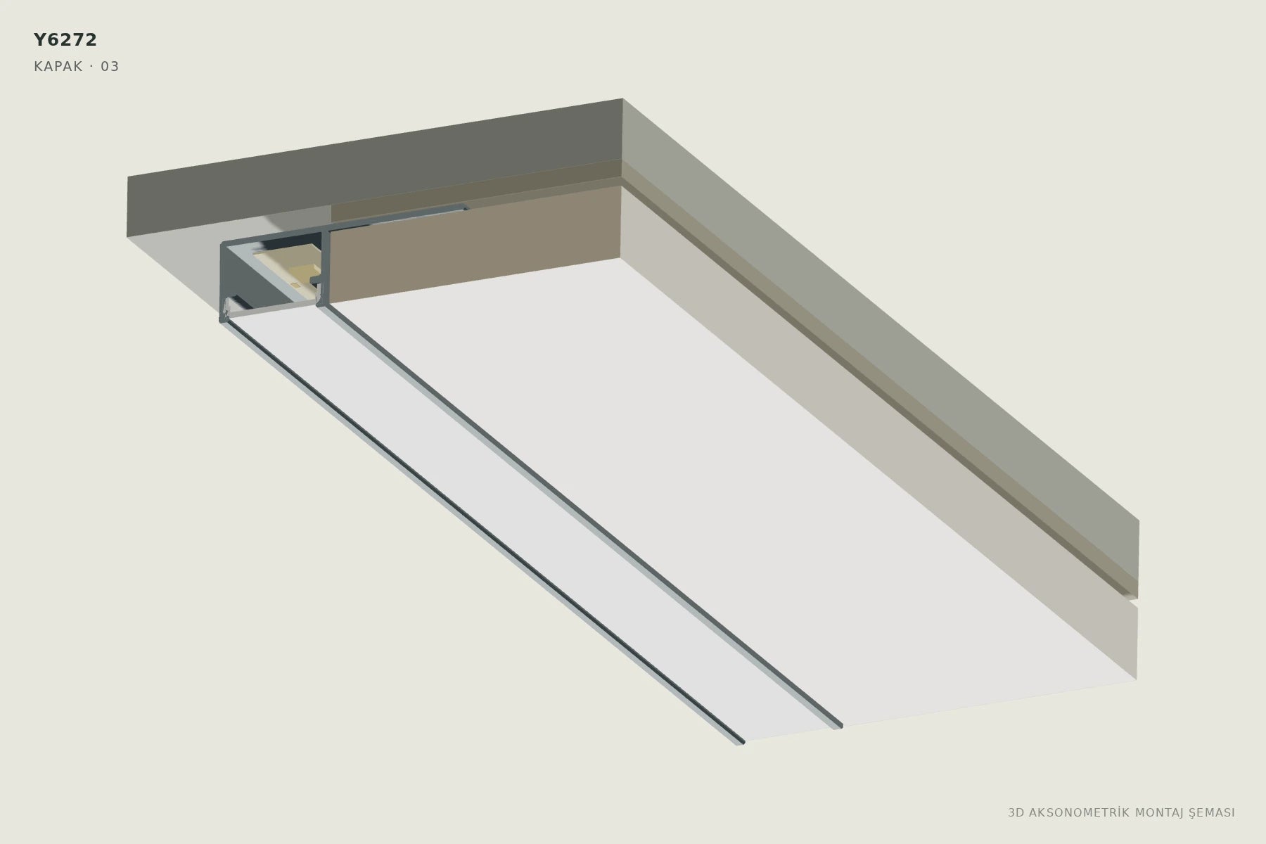 Y6272 Tek Kanatlı Ters Trimless LED Profili — 3D aksonometrik kapak montajı şeması. 03: İki kenarı kontrol edin.