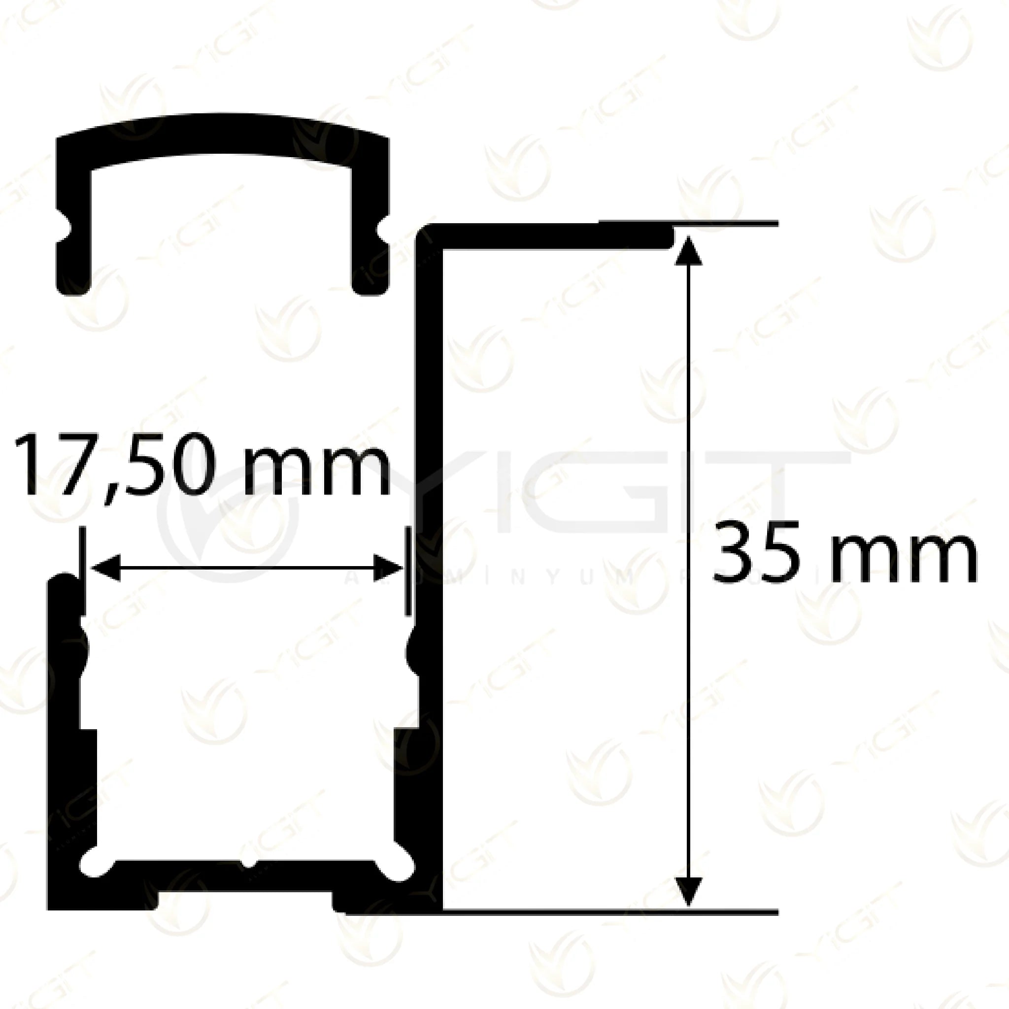 Y7055 · Özgün ölçülü kesit: 35 mm toplam yükseklik, 17,50 mm işaretli kanal açıklığı.