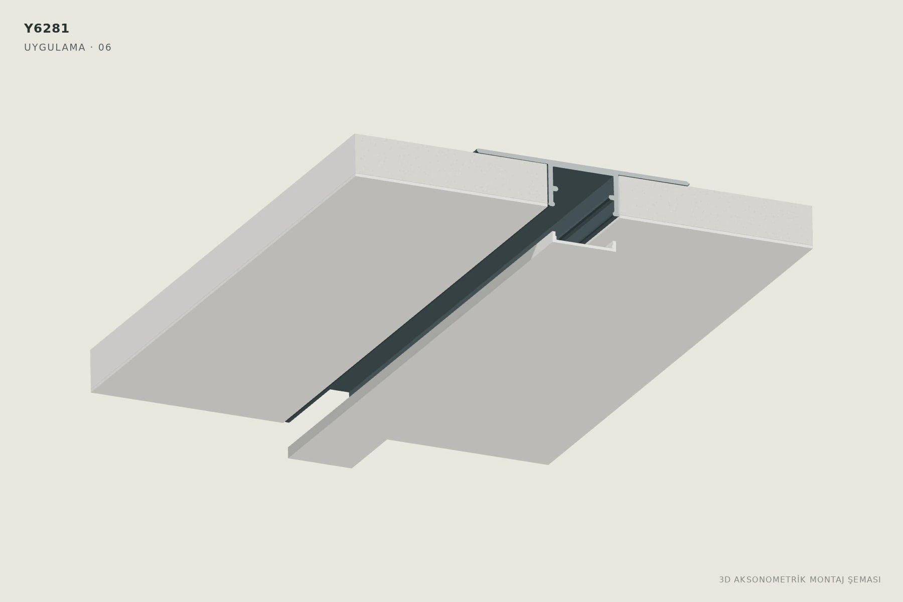 Y6281 1.8 cm Ters Trimless LED Profili — 3D aksonometrik montaj şeması. 06: Bandı ve kapağı çıkarın.