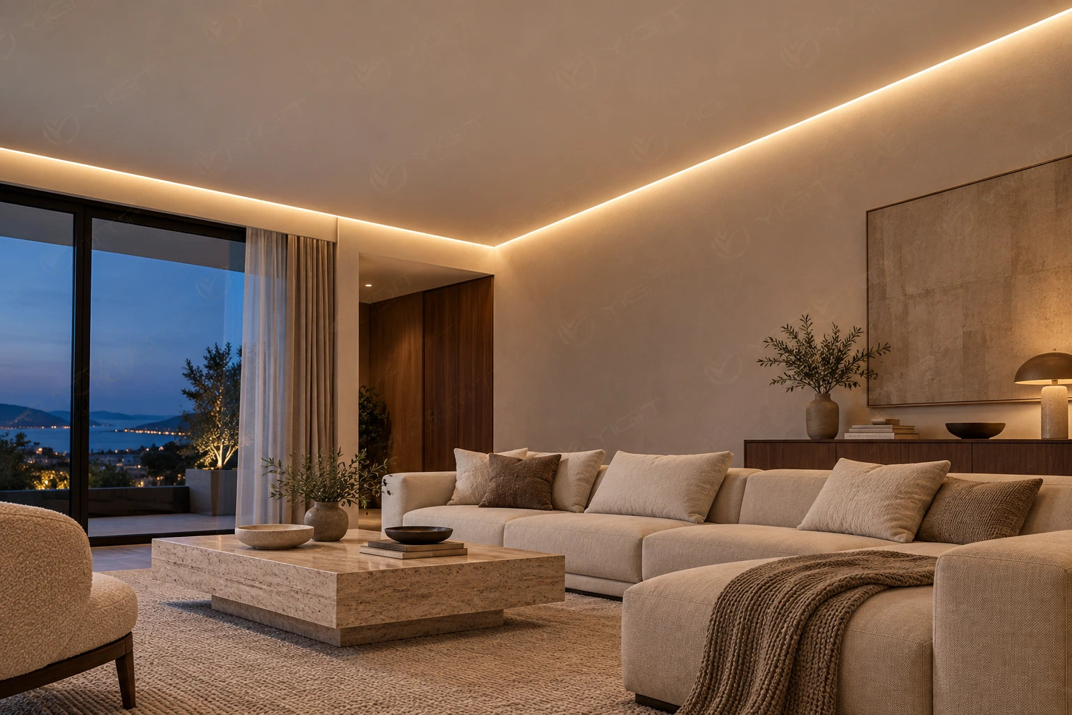 Y6304 için temsili salon tasarımı: alçıpan tavanın duvarla birleştiği kenarda gizli ışık.