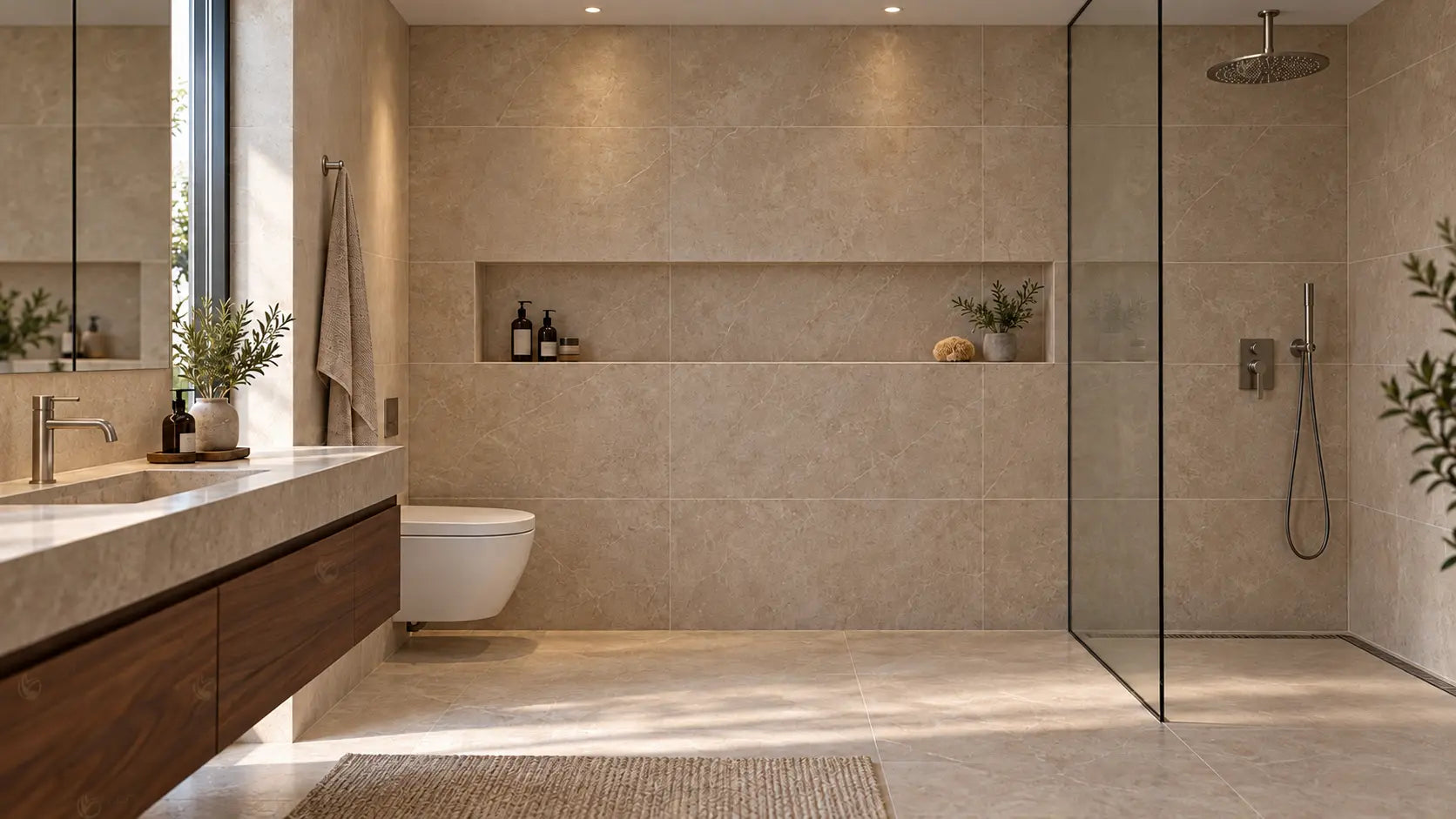 Aynı banyo; çizgisel vurgu ışıkları olmadan, genel tavan aydınlatmasıyla.