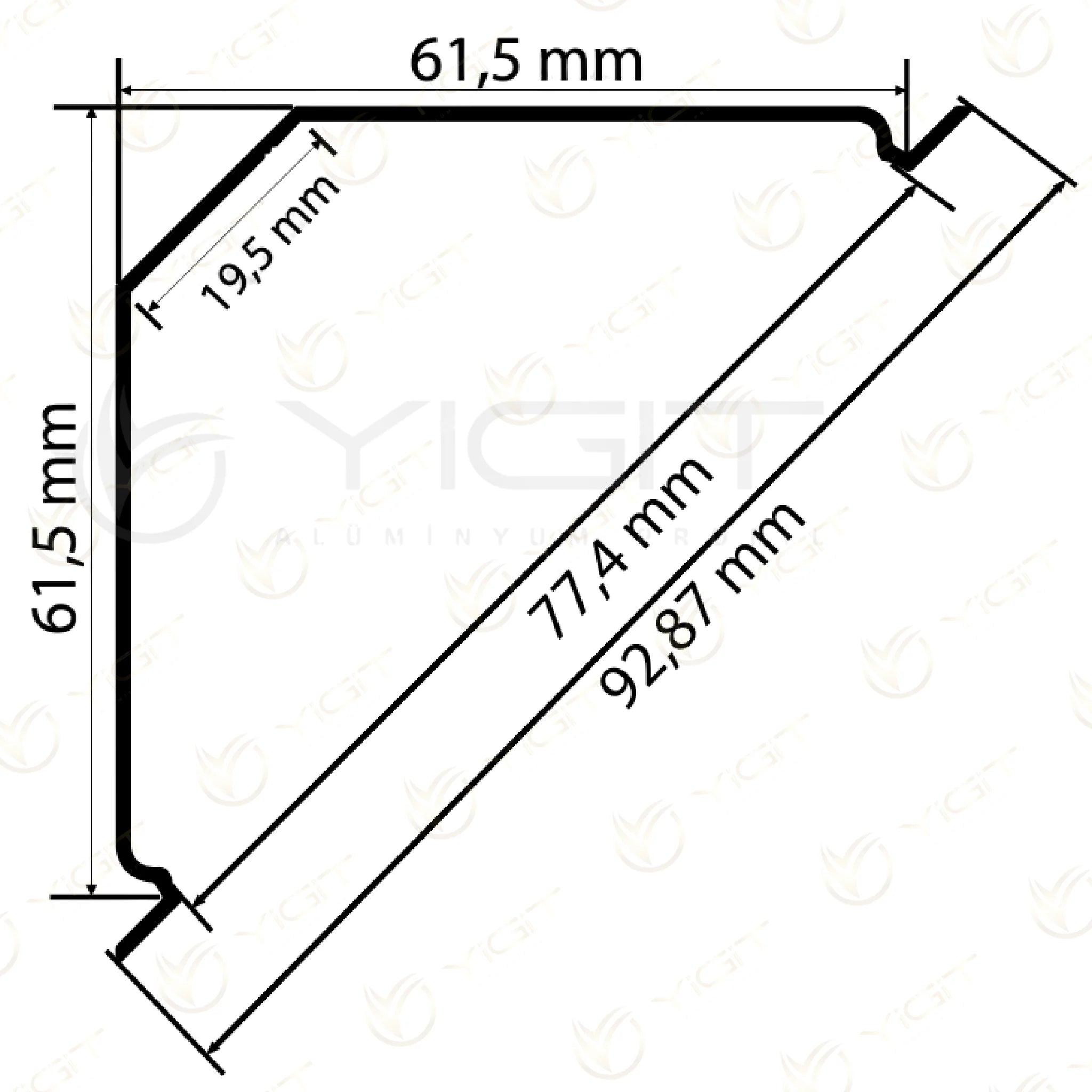 Y6337 özgün ölçülü kesiti: 61,5 × 61,5 mm ana kenarlar, 19,5 mm arka eğimli yüzey.