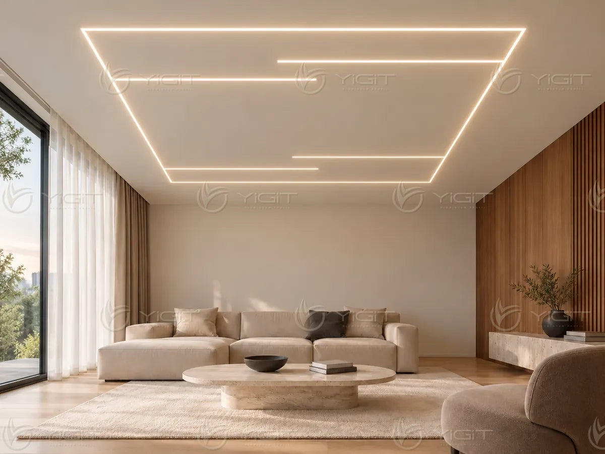 Alçıpan tavanda Trimless LED yerleşimi — uygulama fikri 01.