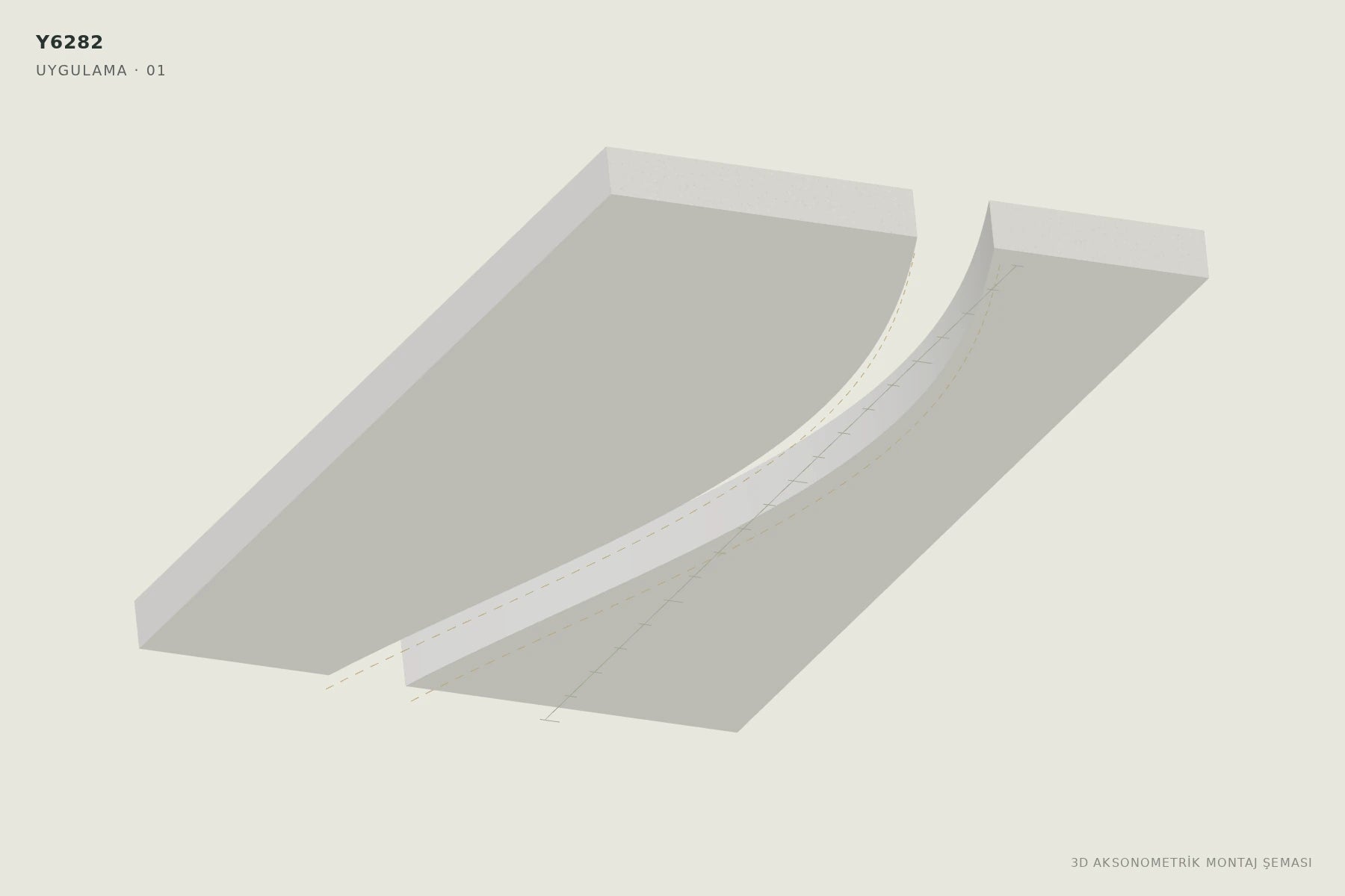 Y6282 Esnek Trimless Alçıpan LED Profili — 3D aksonometrik montaj şeması. 01: Kavisi çizin, kanalı açın.