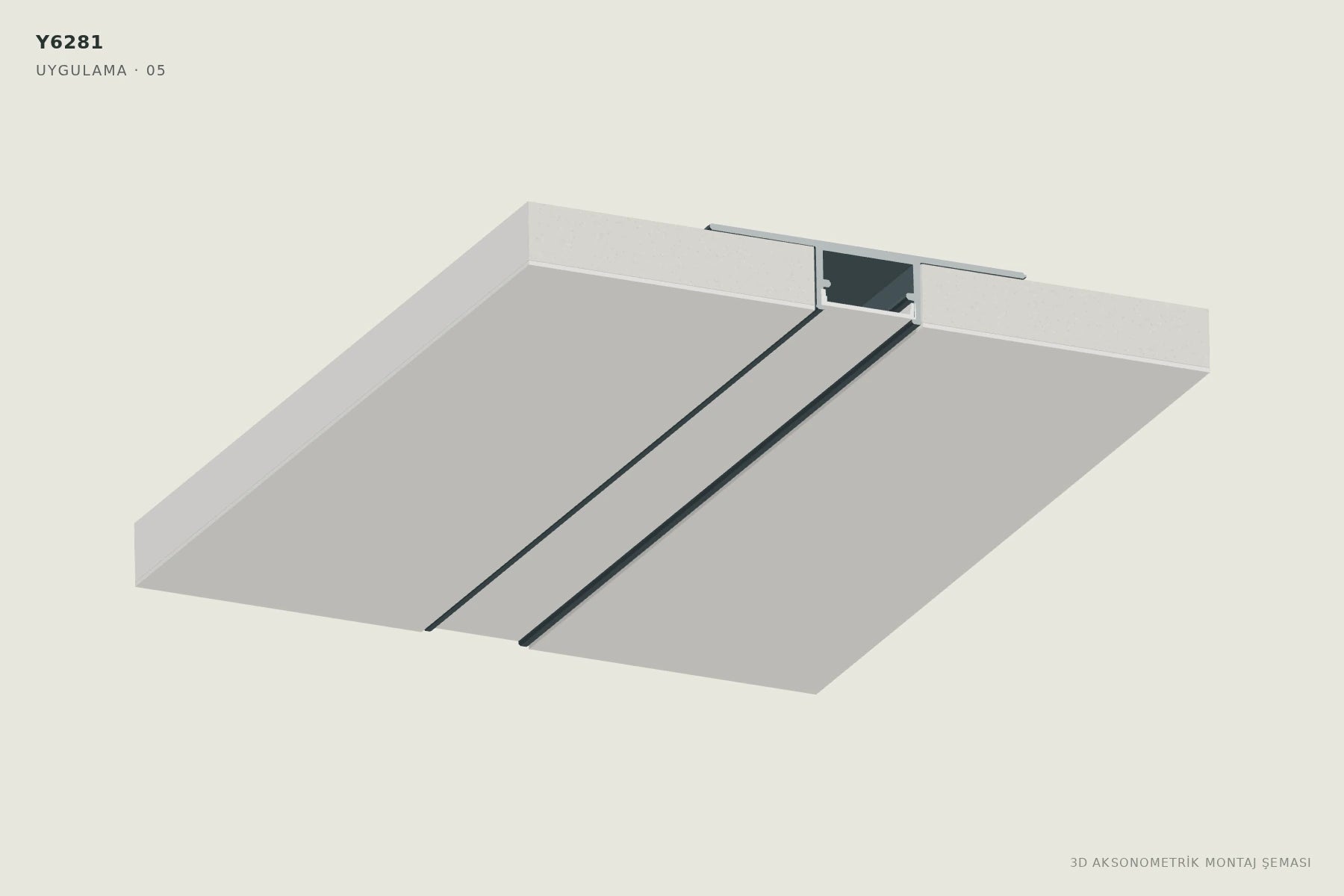 Y6281 1.8 cm Ters Trimless LED Profili — 3D aksonometrik montaj şeması. 05: Boyamayı tamamlayın.