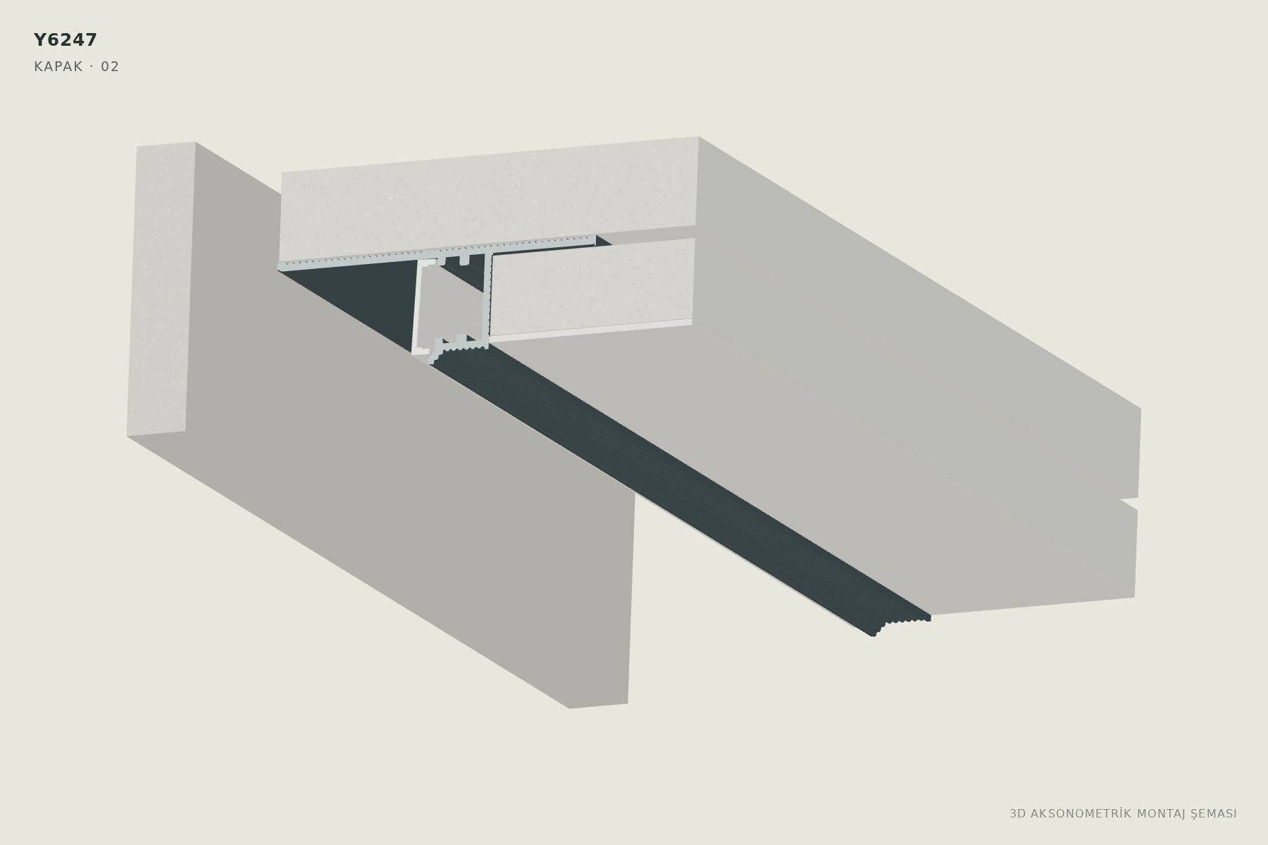 Y6247 Alçıpan Gizli Köşe LED Profili — 3D aksonometrik kapak montajı şeması. 02: Dengeli basınçla oturtun.