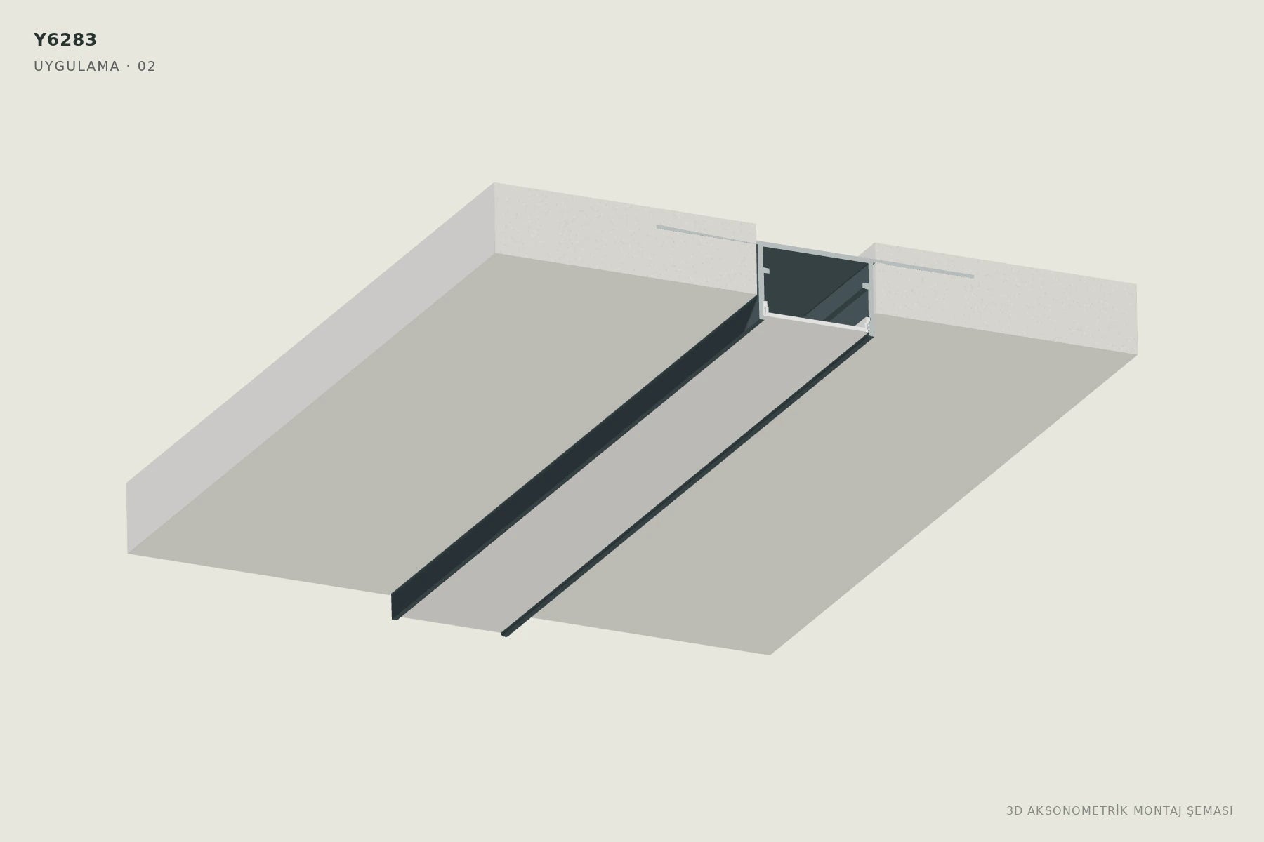 Y6283 2 cm Ters Trimless LED Profili — 3D aksonometrik montaj şeması. 02: Kanatları arka yüze yerleştirin.