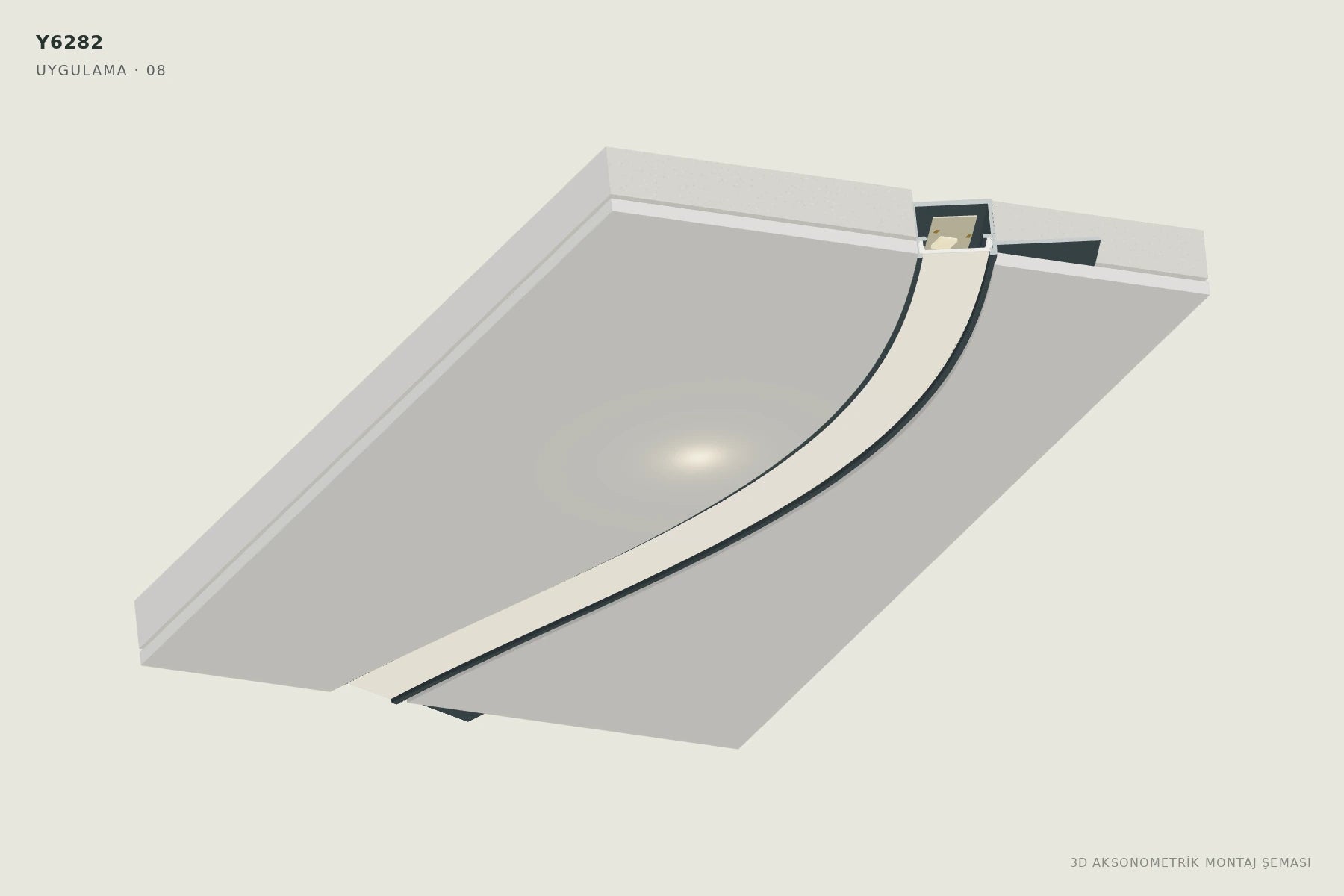 Y6282 Esnek Trimless Alçıpan LED Profili — 3D aksonometrik montaj şeması. 08: Kapağı takın, ışığı kontrol edin.