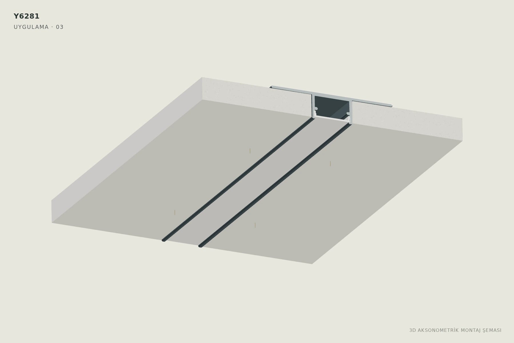 Y6281 1.8 cm Ters Trimless LED Profili — 3D aksonometrik montaj şeması. 03: Alçıpan üzerinden sabitleyin.