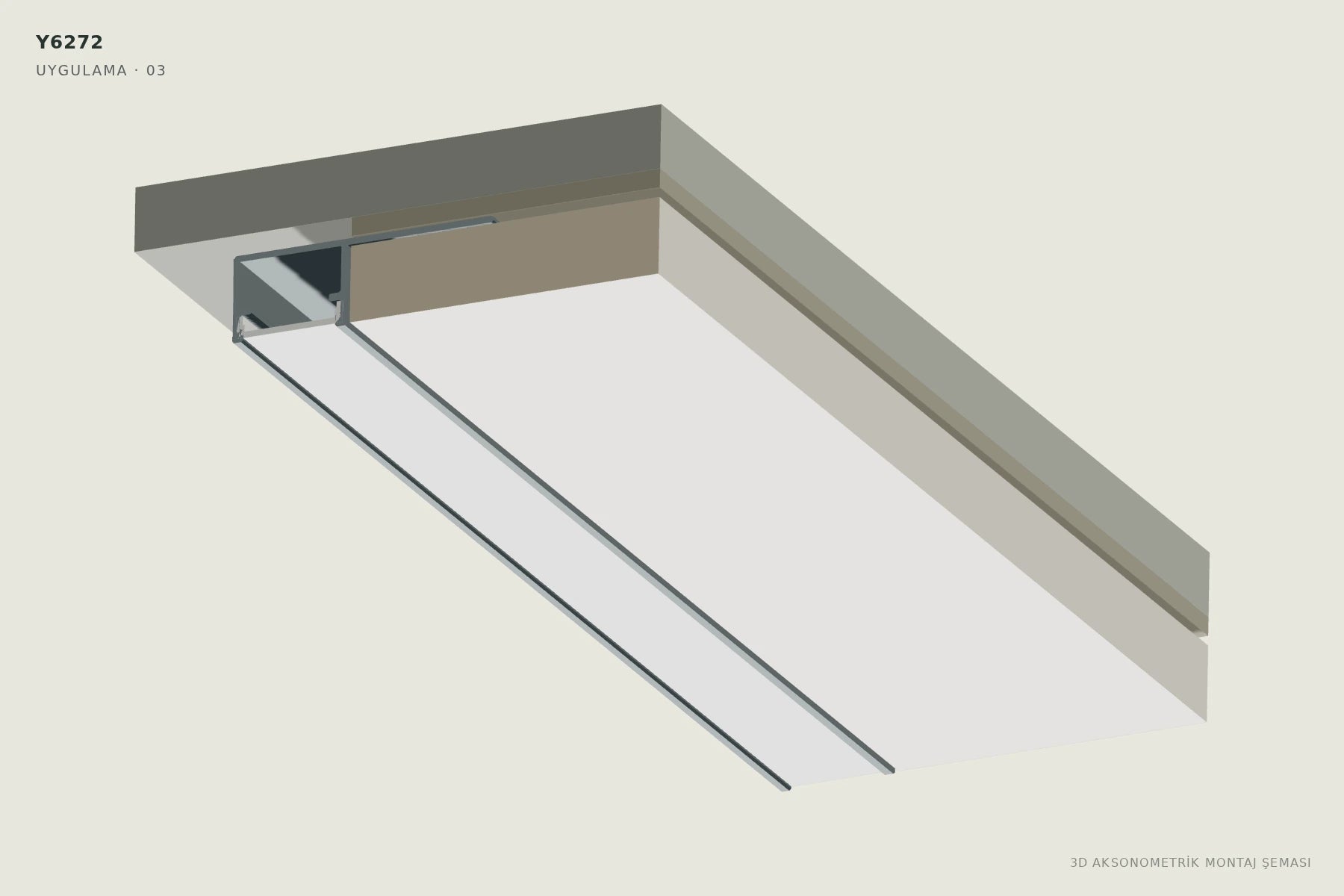 Y6272 Tek Kanatlı Ters Trimless LED Profili — 3D aksonometrik montaj şeması. 03: Fayansı kapak kotuna getirin.