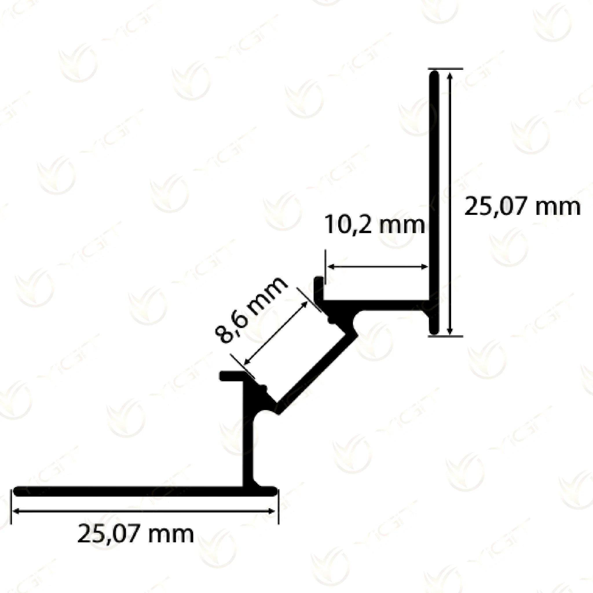 Y6287 özgün ölçülü kesiti: 10,2 mm fayans aralığı, 8,6 mm kanal ağzı ve 25,07 mm kanat ölçüleri.