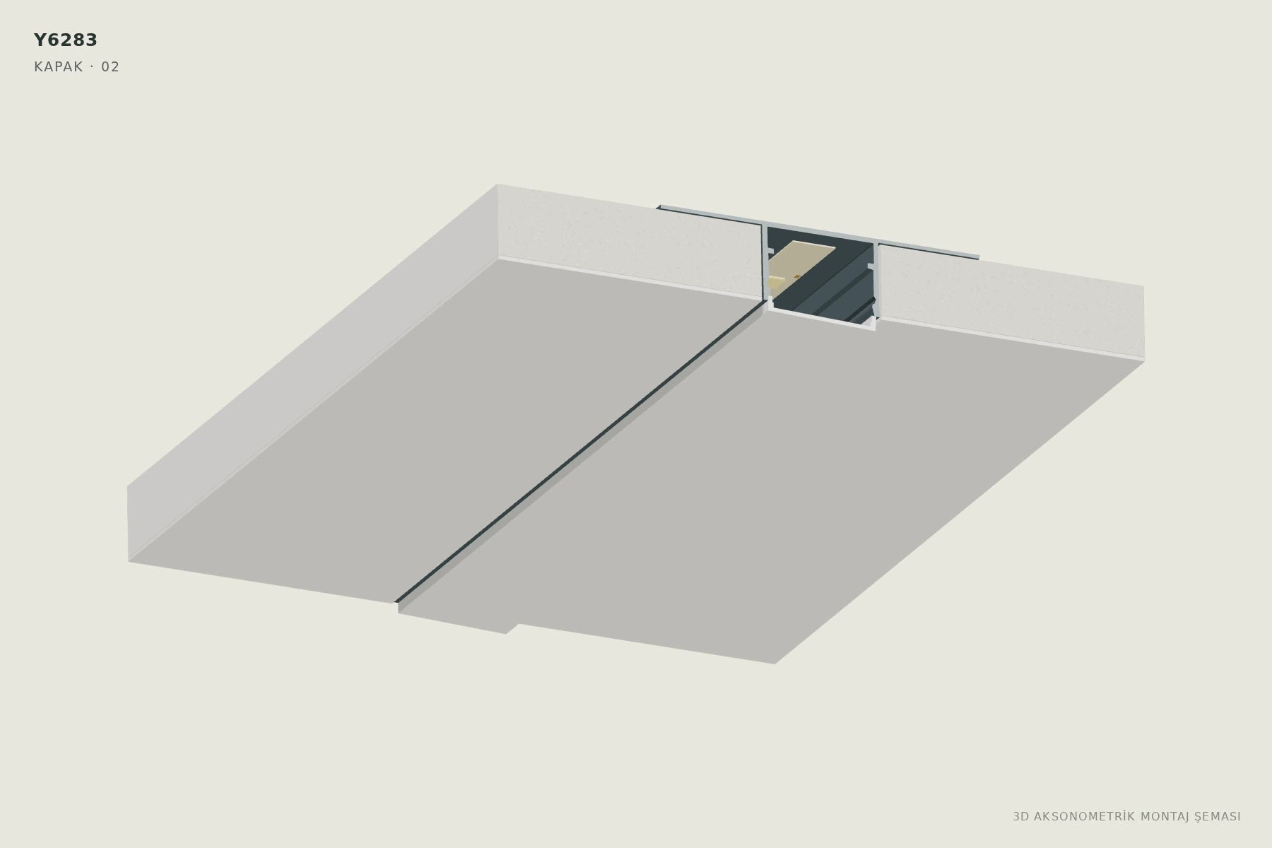 Y6283 2 cm Ters Trimless LED Profili — 3D aksonometrik kapak montajı şeması. 02: Bir kenardan oturtun.