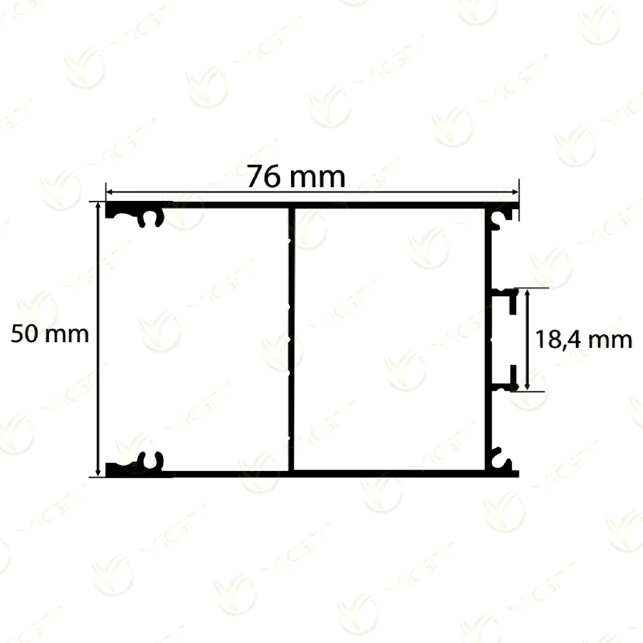 Y1264 · 76 × 50 mm dış kesit ve üst bağlantı bölgesindeki 18,4 mm işaretli ölçü.