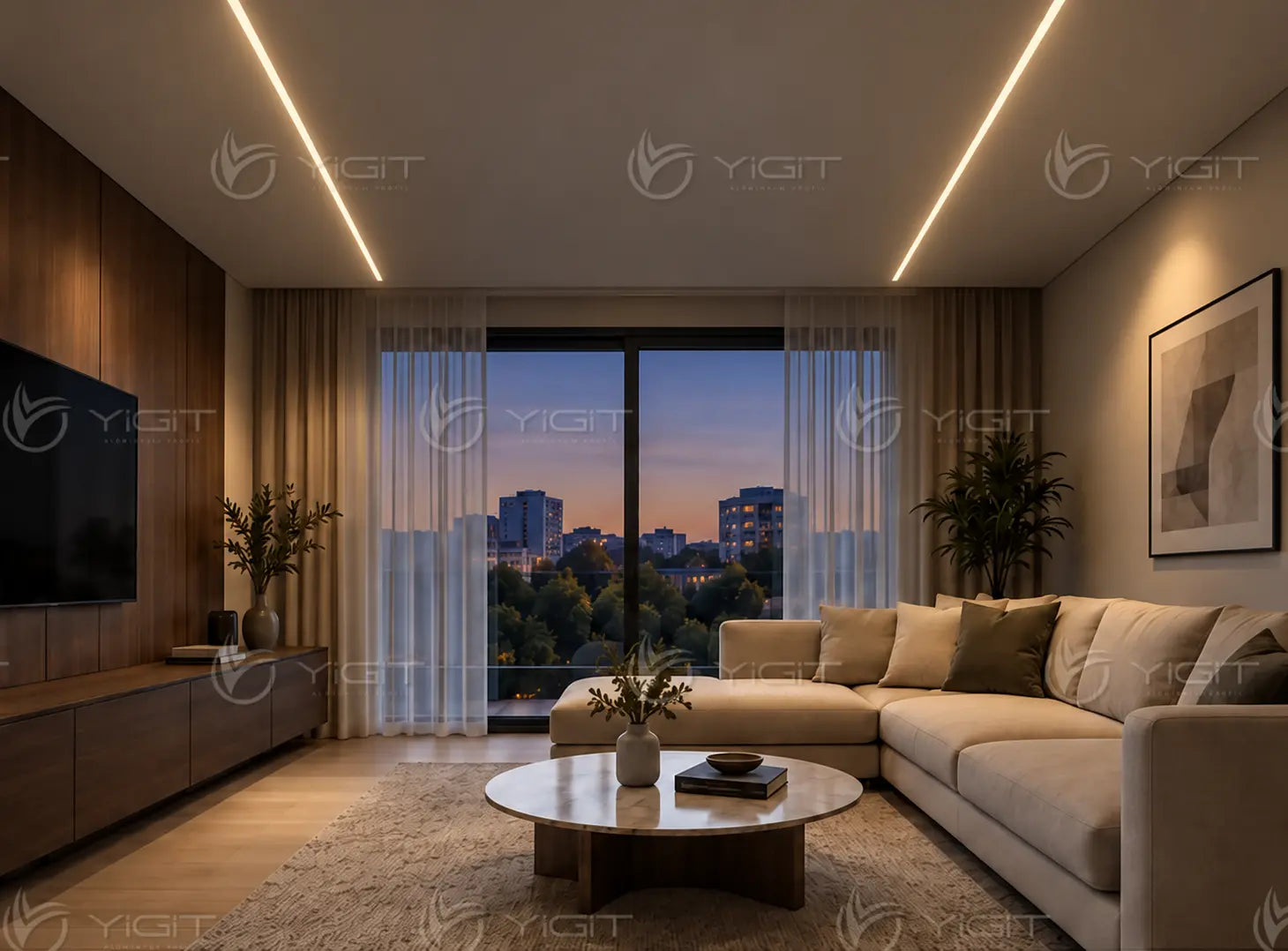 Aynı salonda iki paralel, yüzeye sıfır Ters Trimless LED ışık hattı.