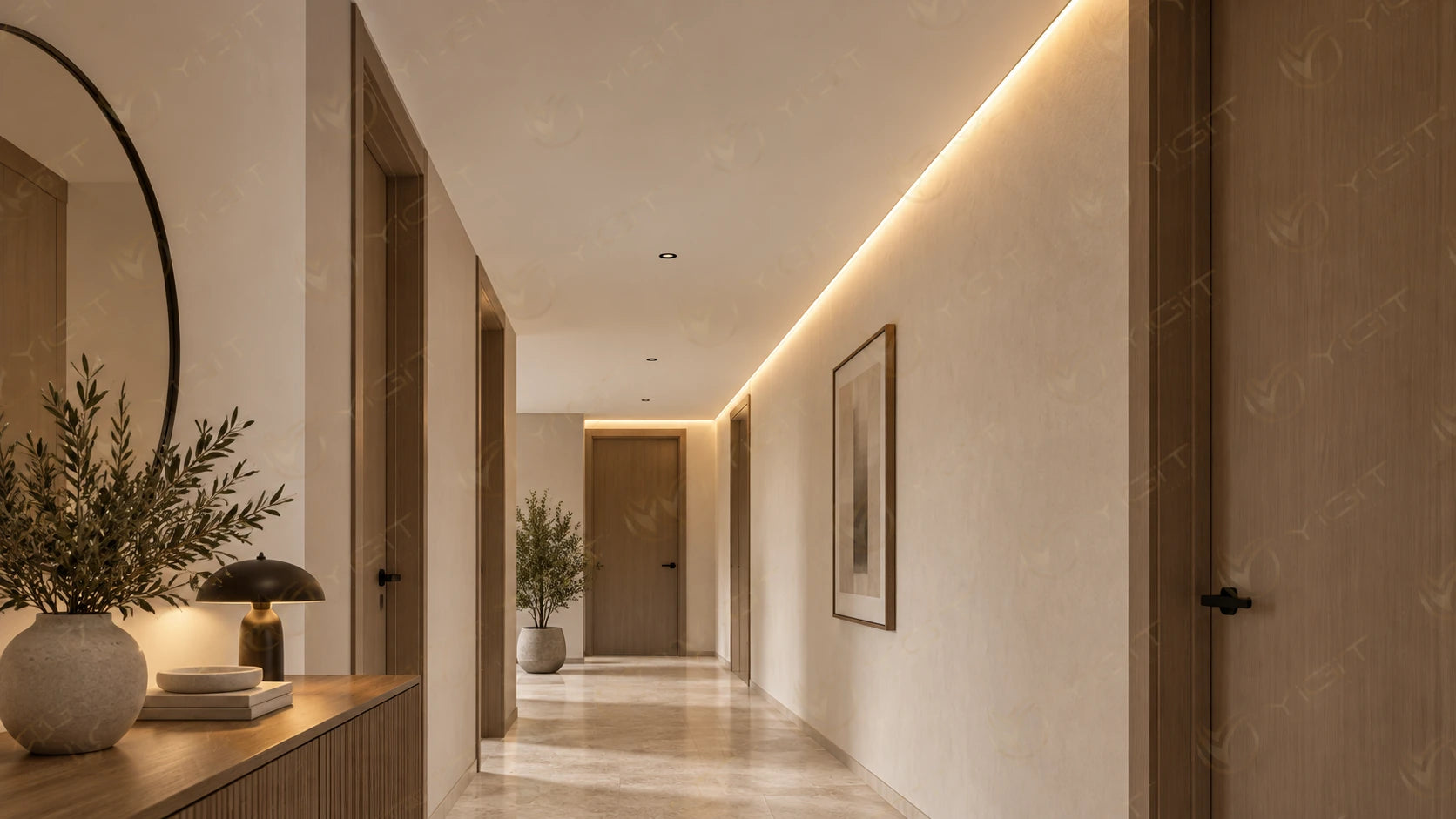 Koridor: LED’li Alçıpan Z Profili için temsili mekân fikri.