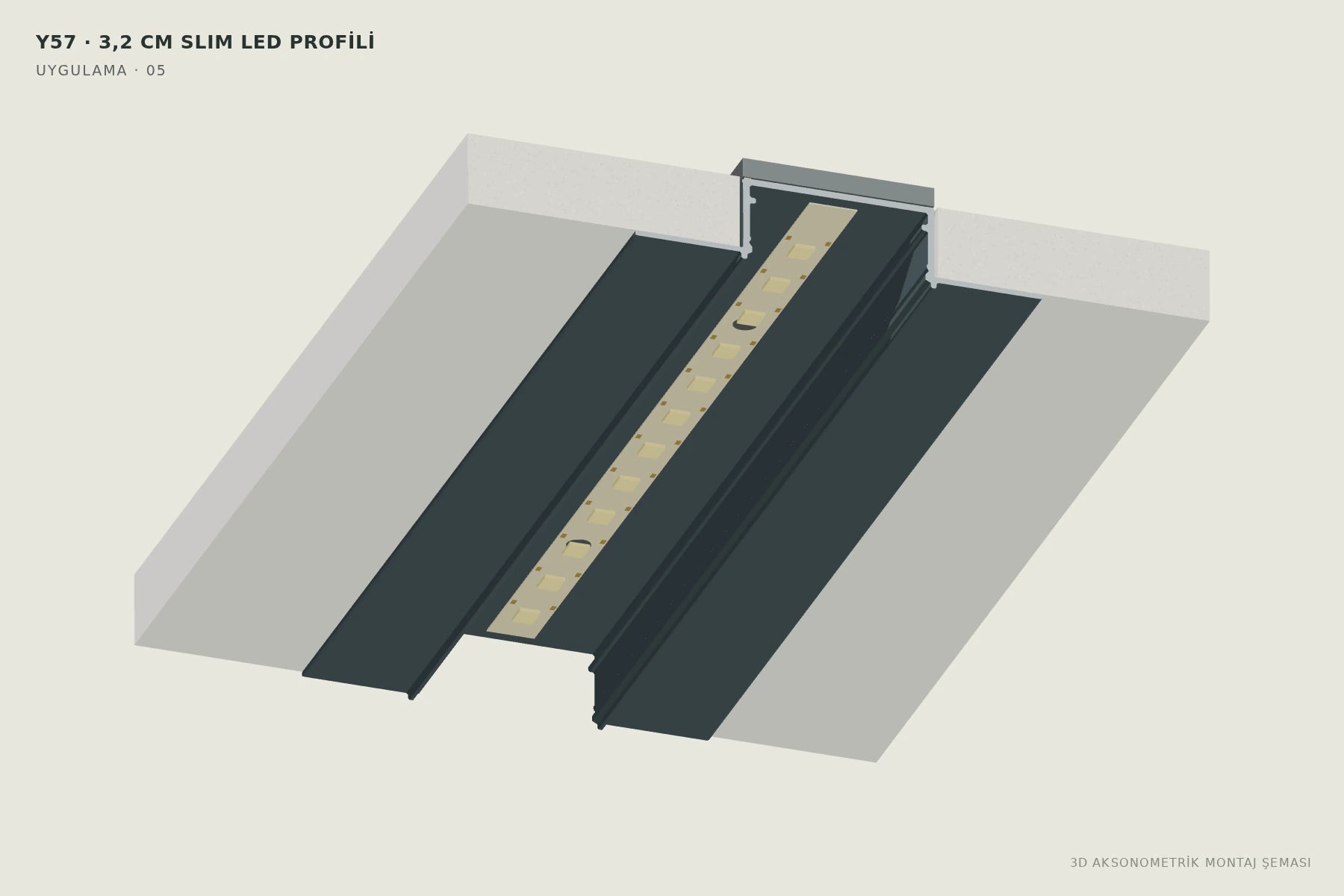 Y57 · 3,2 cm Slim LED Profili — 3D aksonometrik montaj şeması. 05: Y57 kanalına LED’i yerleştirin.