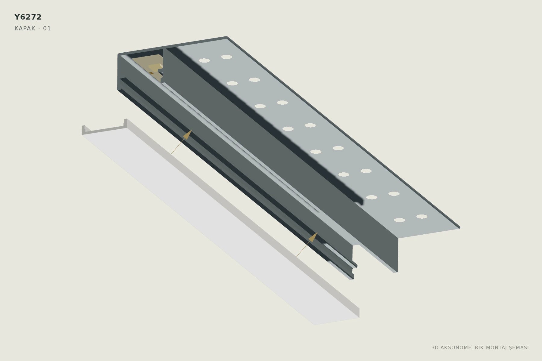 Y6272 Tek Kanatlı Ters Trimless LED Profili — 3D aksonometrik kapak montajı şeması. 01: Kapağı hizalayın.