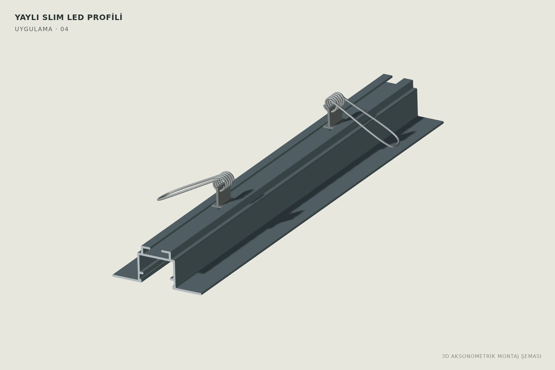 Yaylı Slim LED Profili — 3D aksonometrik montaj şeması. 04: LED ve beslemeyi hazırlayın.