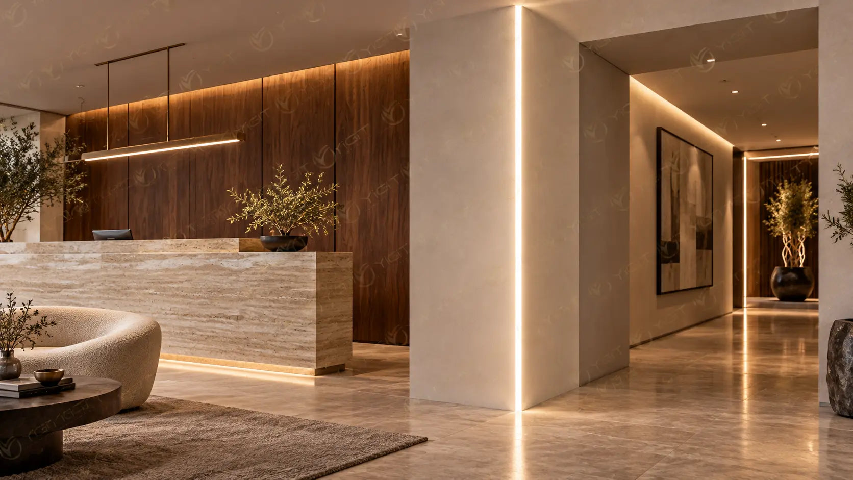 OTEL: GEÇİŞ ÇERÇEVESİ — dış köşeye entegre çizgisel ışık tasarımı.