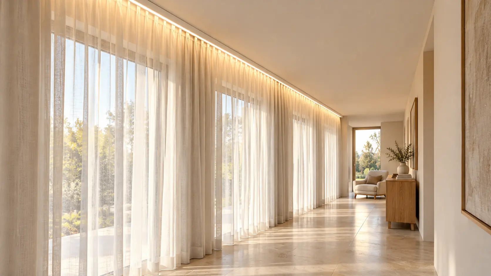 KORİDOR: PENCERELİ GALERİ — tavana monte LED’li korniş ve perde tasarımı.