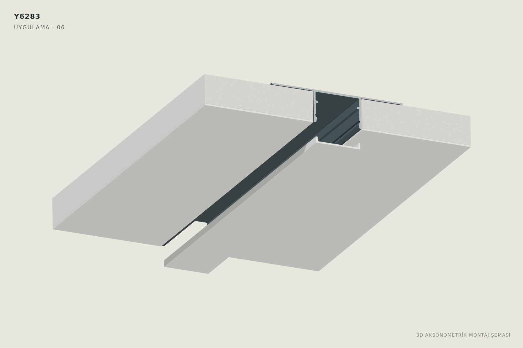 Y6283 2 cm Ters Trimless LED Profili — 3D aksonometrik montaj şeması. 06: Bandı ve kapağı çıkarın.