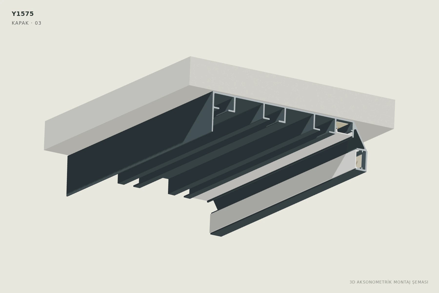 Y1575 LED'li Korniş Perdelik Profili — 3D aksonometrik kapak montajı şeması. 03: İki ışık hattının kenarlarını kontrol edin.