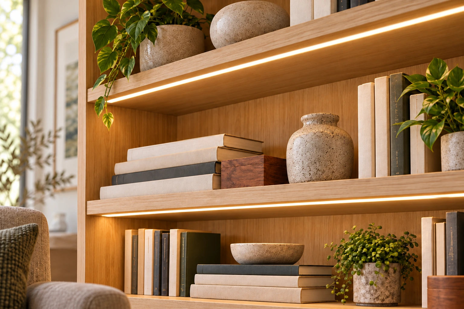 Y6122 7×22 Kanatlı LED Profili — Kitaplık içinde gömme uygulama; iki eşit kanat ve dar opal ışık yüzeyi.