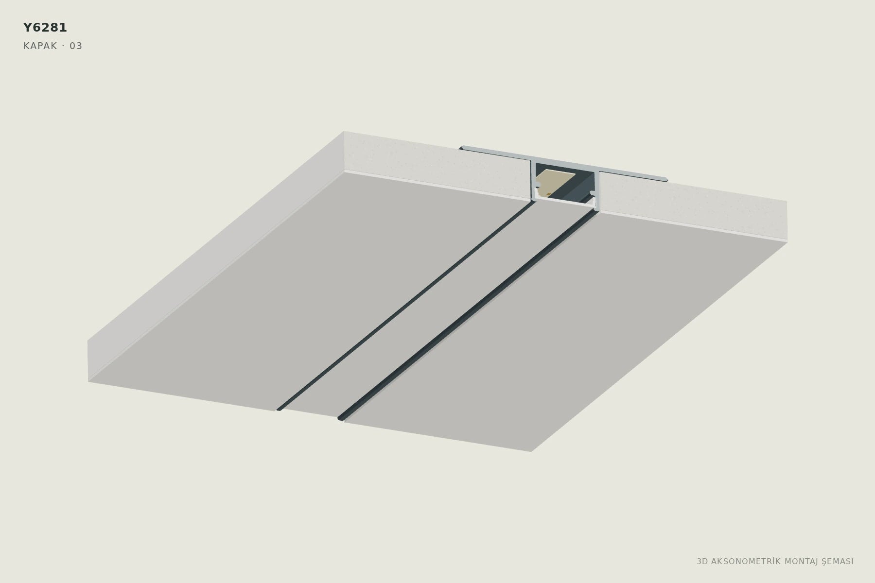 Y6281 1.8 cm Ters Trimless LED Profili — 3D aksonometrik kapak montajı şeması. 03: Hat boyunca kontrol edin.