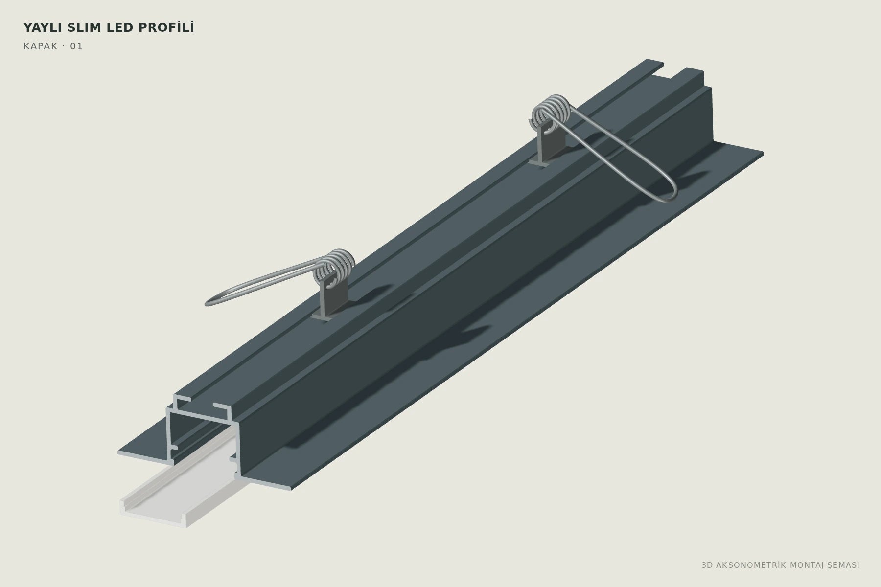 Yaylı Slim LED Profili — 3D aksonometrik kapak montajı şeması. 01: Parçaları hizalayın.